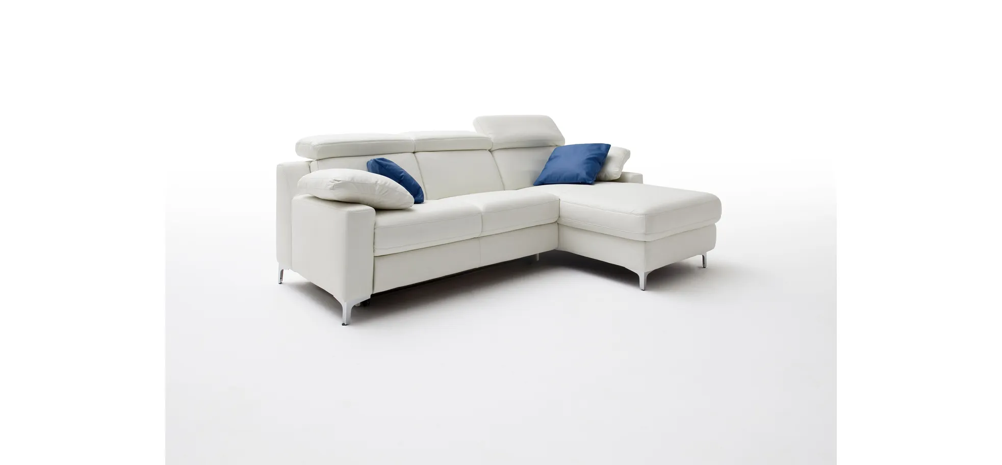 Ecksofa - 2,5 Sitzer mit Longchair inkl. Kopfteilverstellung, Leder, Weiß