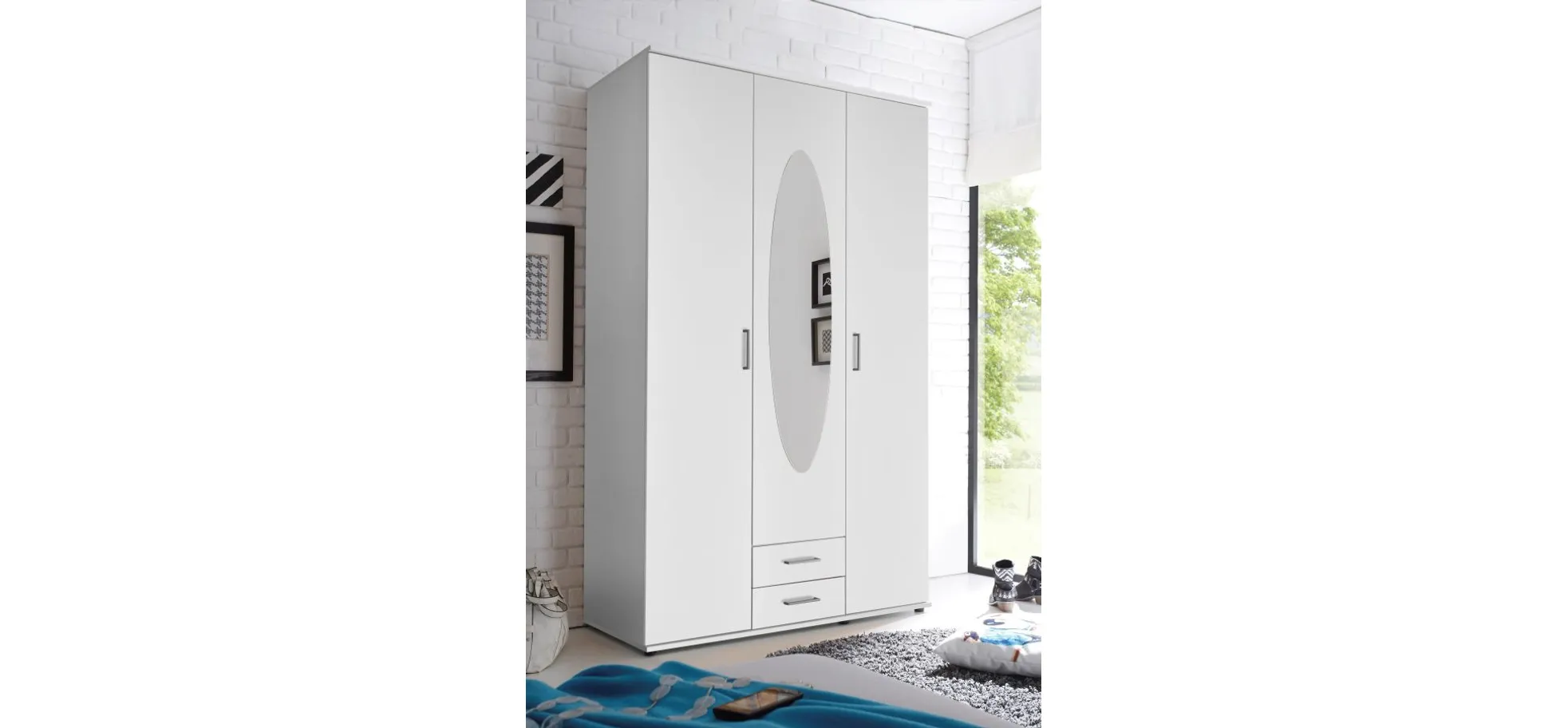 Drehtürenschrank- B ca. 120 cm, Weiß, Spiegel