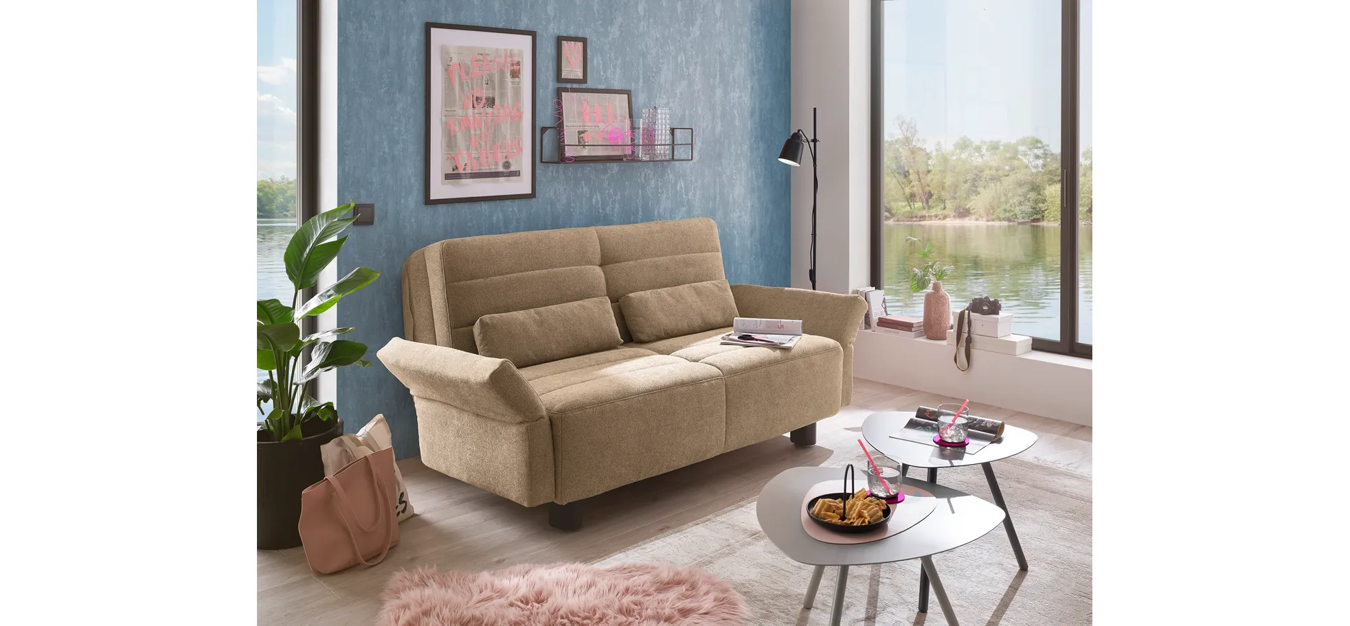  Faltsofa Easy - 2-Sitzer, ca. 140 cm inkl. Schlaffunktion/Topper/Armteil verstellbar, Stoff, Braun