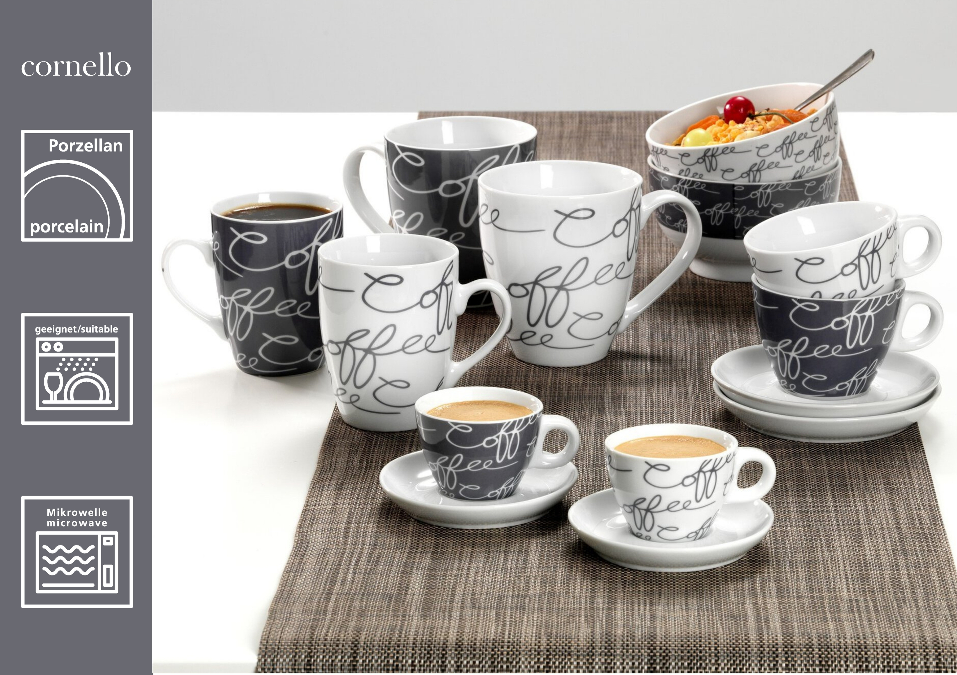 Espresso-Set Cornello Grey 4tlg. - Porzellan, spülmaschinengeeignet, konisch