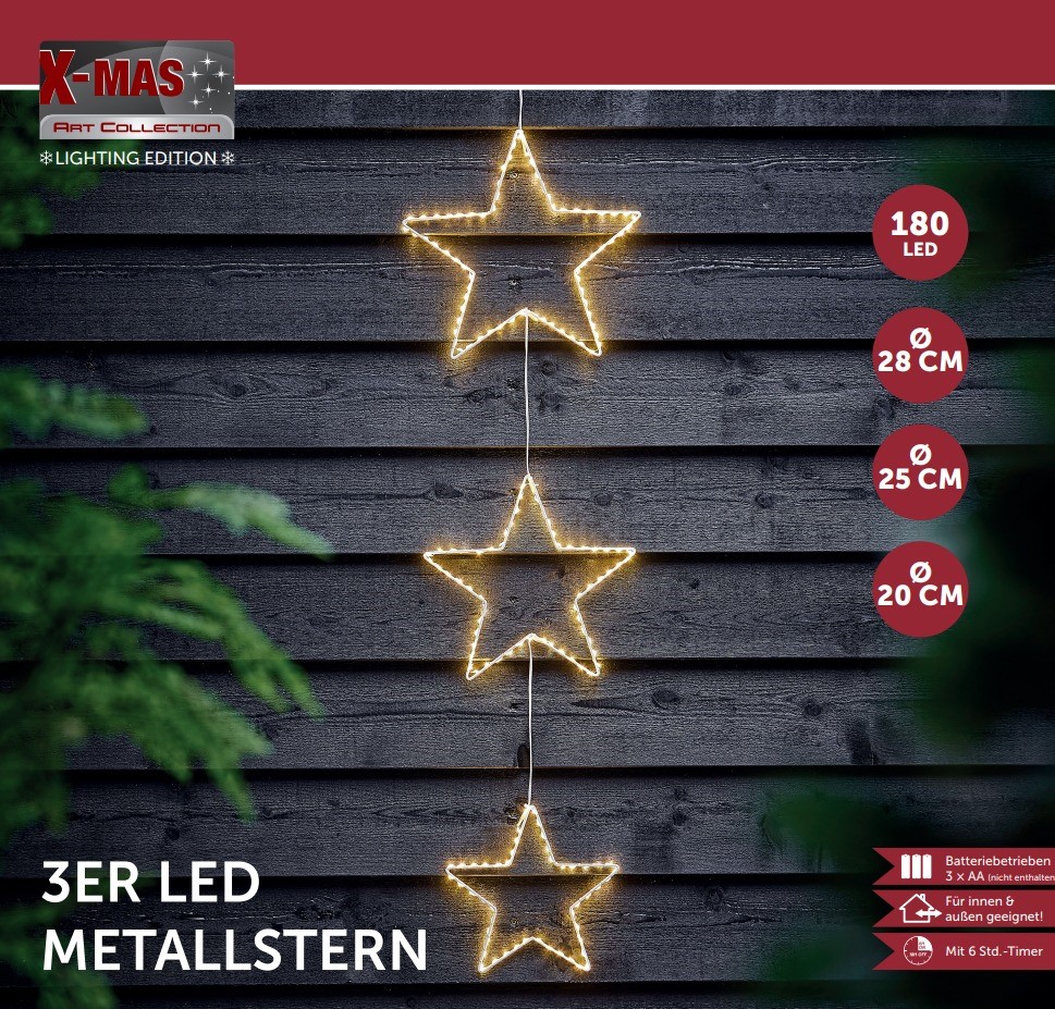 LED-Metallstern 3er zum Aufhängen 180 LED - Batteriebetr. (Batt. nicht enthalten)