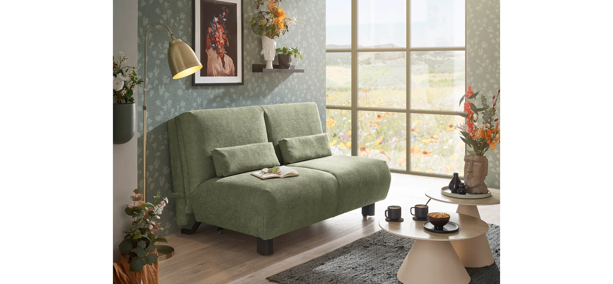  Faltsofa EBBY - 2-Sitzer ohne Armlehne, 140 cm inkl. Schlaffunktion/Relaxfunktion, Stoff, Grün