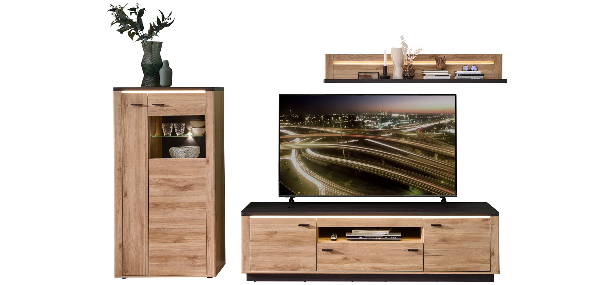 Highboard - mit Beleuchtung, B ca. 78 cm, Eiche Nachbildung, Eiche dunkel Nachbildung