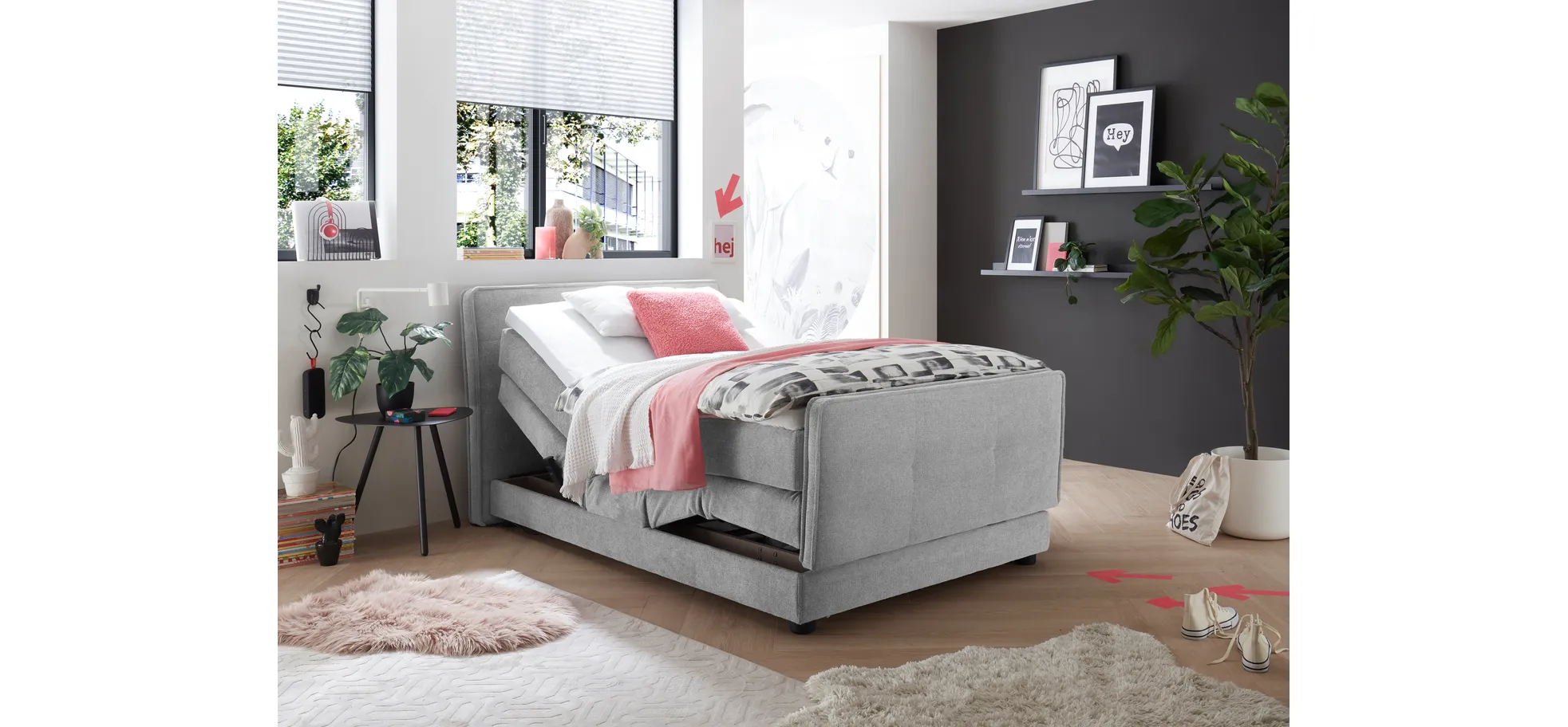 Boxspringbett- Liegefläche ca. 120x200 cm, Stoff, Hellgrau