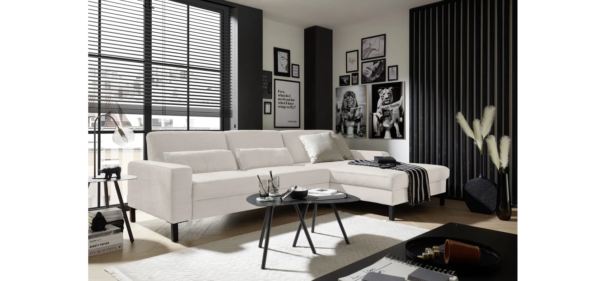  Ecksofa CALM MOVE 2.0 - 2,5-Sitzer mit Longchair rechts, Feincord, Weiß
