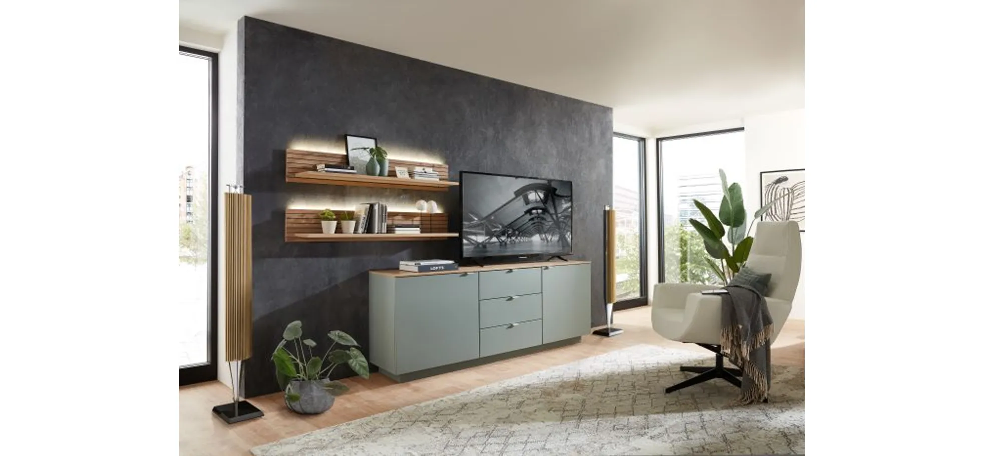 TV-Sideboard - Olivgrün, Eiche Dekor