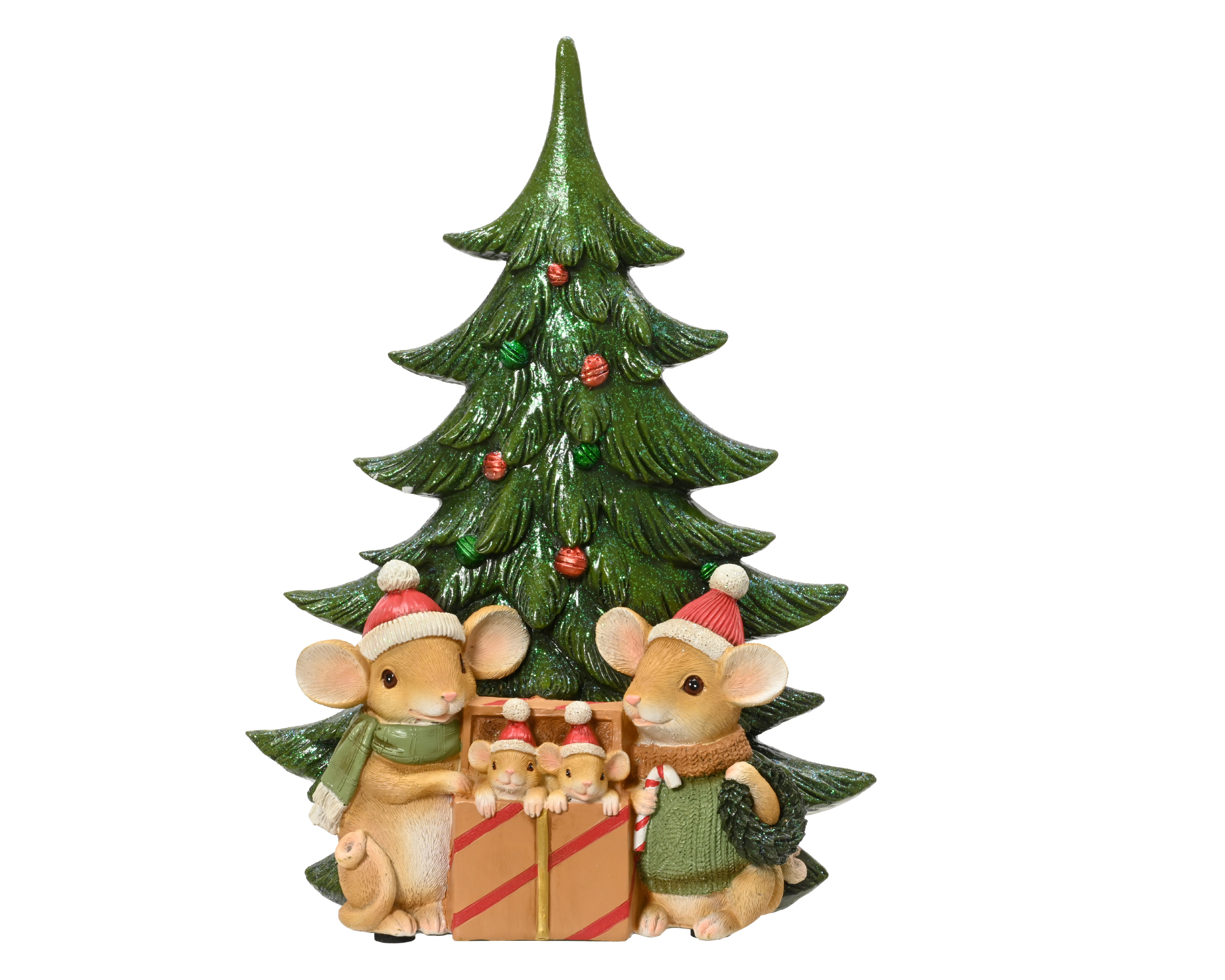Spieluhr Tannenbaum/Mäse, Polyresin - grün, ca. L.10.5cm x W.24cm x H.33.5cm