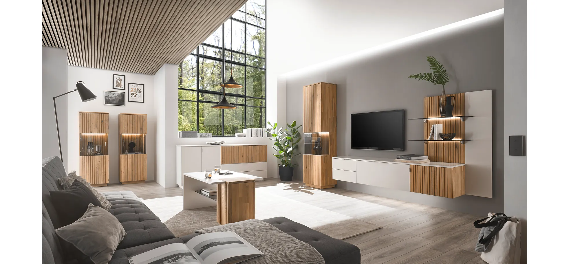 Couchtisch - LBH ca. 110x65x50 cm, Lack, weiß-grau, Eiche teilmassiv
