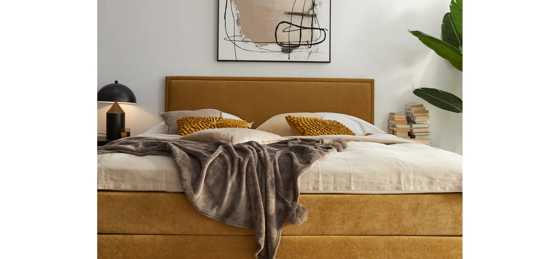 Boxspringbett Valencia - Liegefläche ca. 180x200 cm, Stoff, Senfgelb