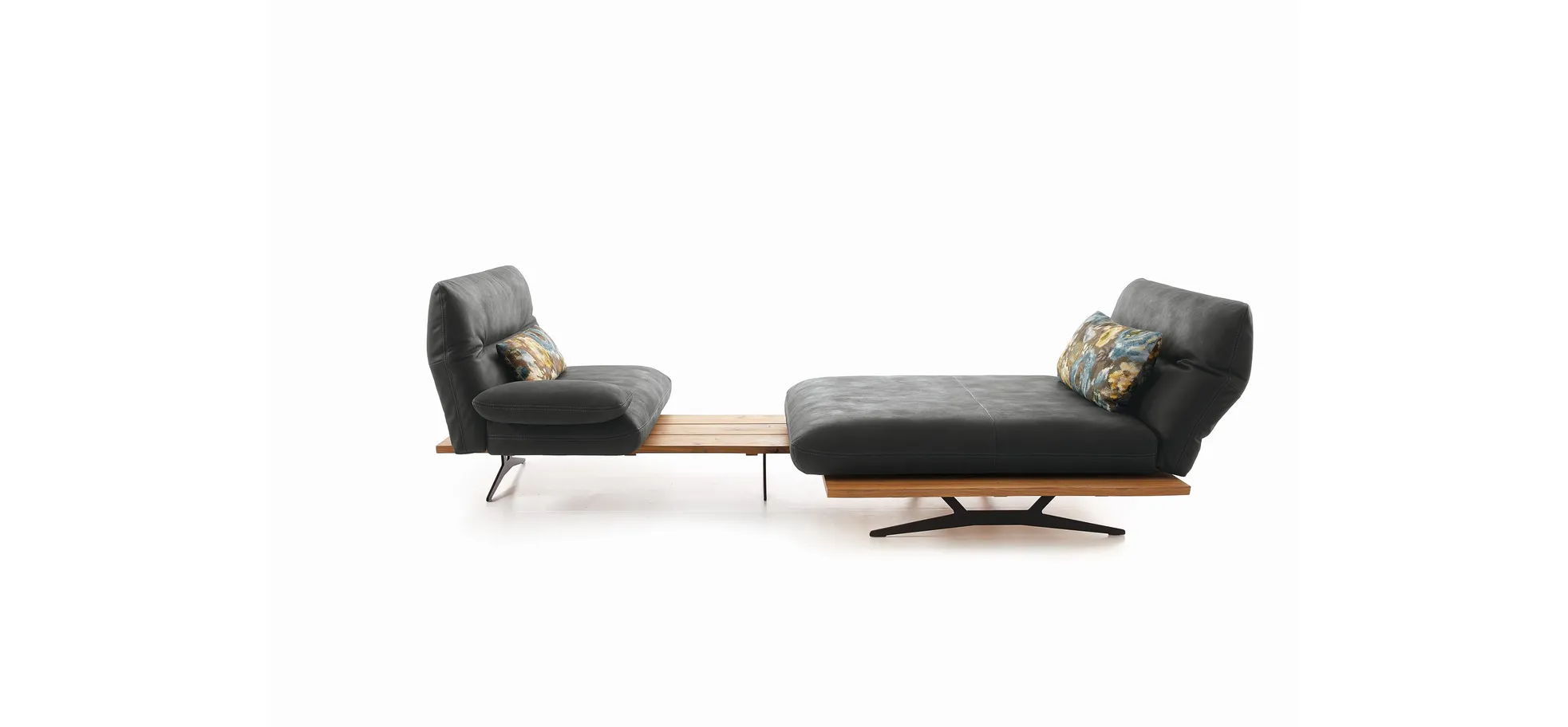 Ecksofa - 1-Sitzer mit Longchair rechts, Rücken/Armlehne/Sitztiefe verstellbar, Leder, Schwarz