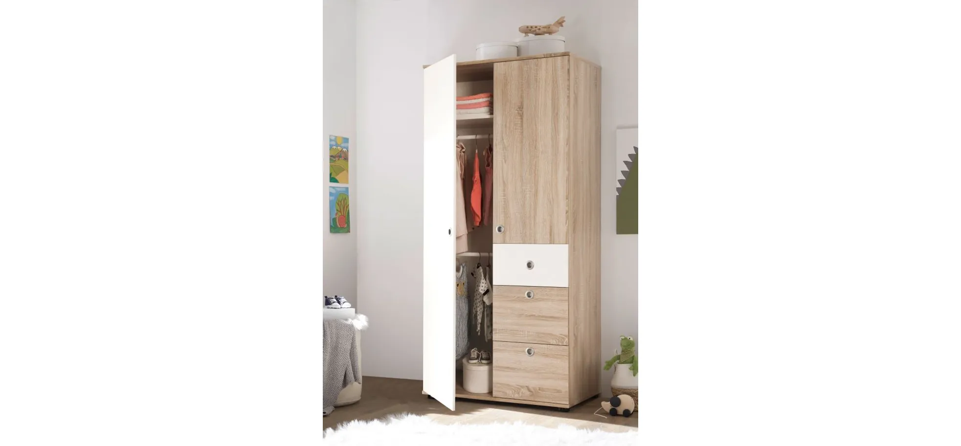 Drehtürenschrank- B ca. 90 cm, Eiche Dekor, Weiß