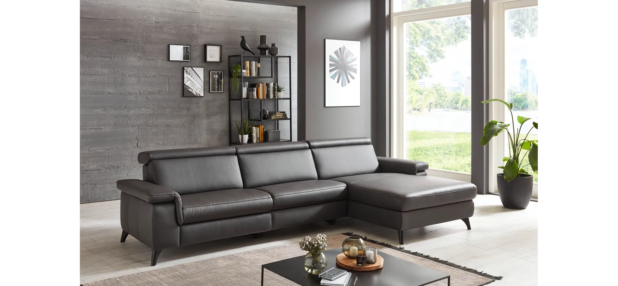 Ecksofa - 2-Sitzer mit Longchair rechts, Leder, Anthrazit