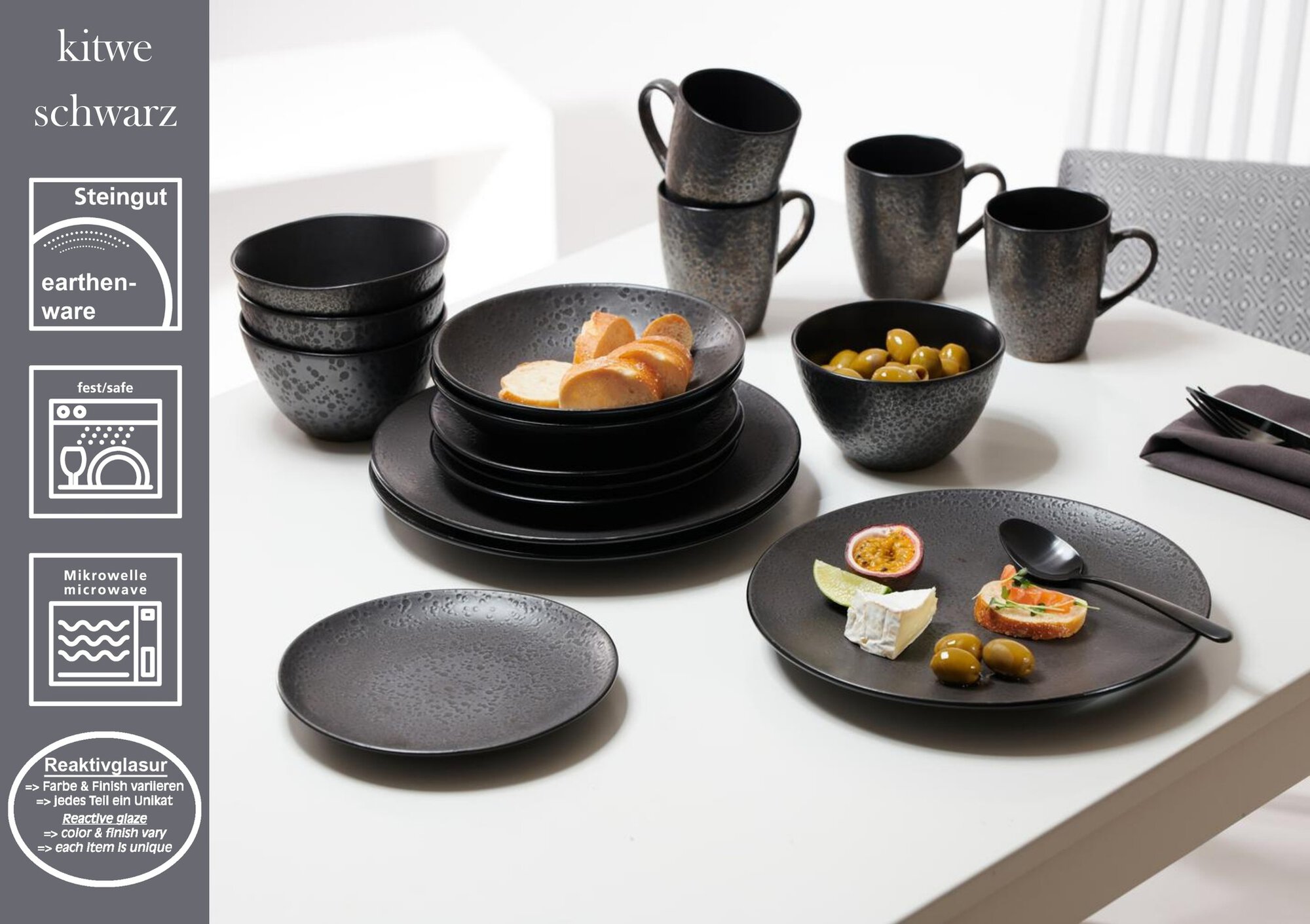 Suppenteller Kitwe Schwarz 20 cm - Steingut, spülmaschinenfest, rund, schwarz