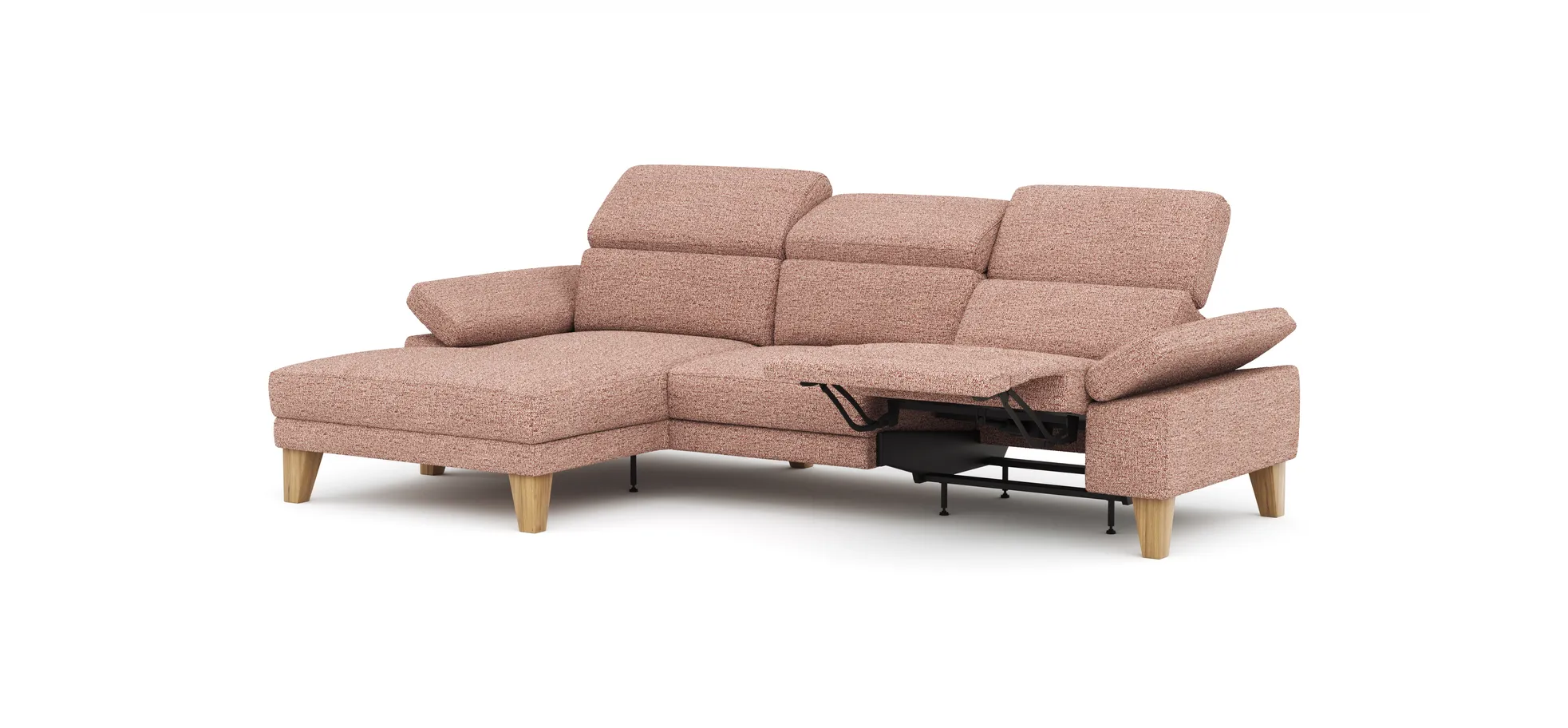 Ecksofa Hudson - Longchair links mit 2,5-Sitzer, inkl. Kopfteil/Armlehne verstellbar und Relaxfunktion (motorisch), Stoff, Kupfer