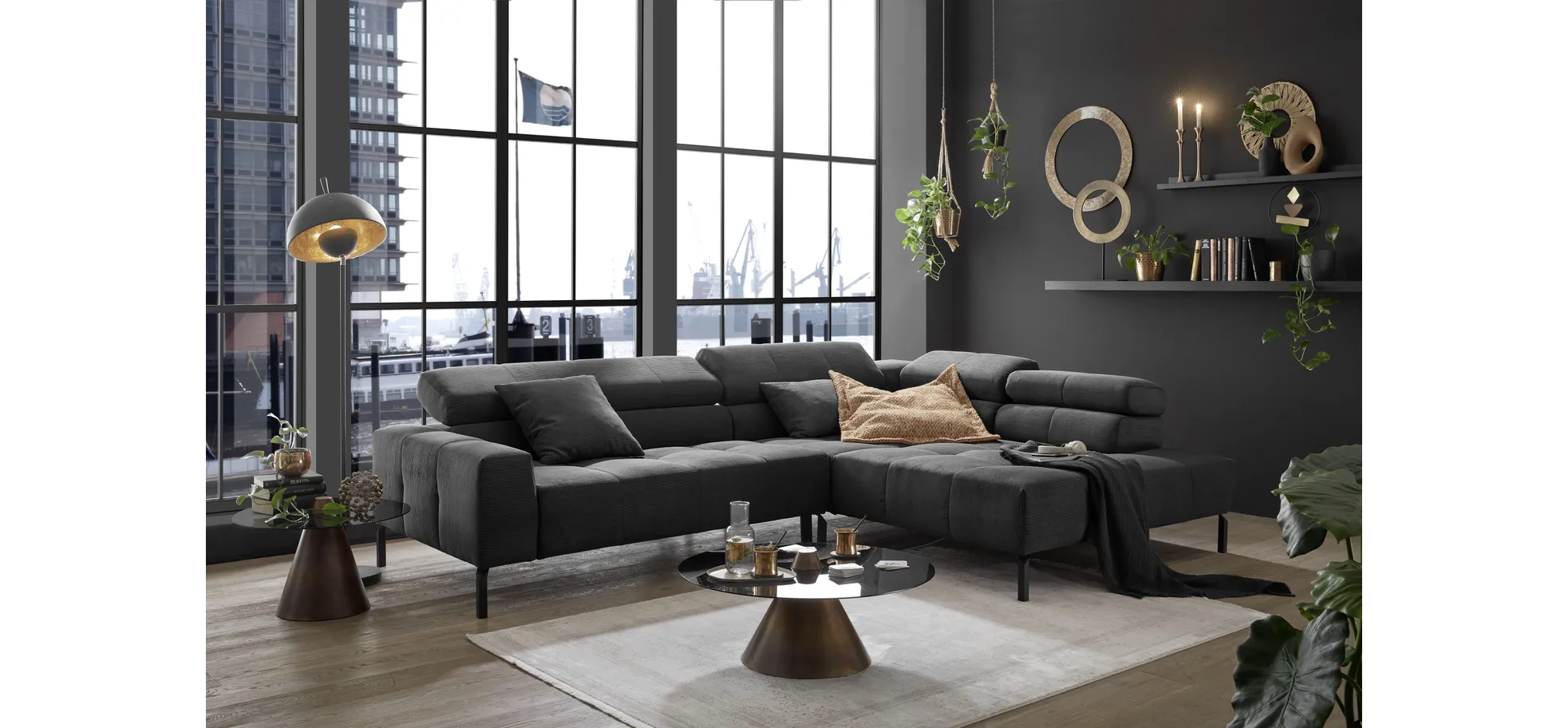  Ecksofa COLLEEN - 2-Sitzer mit Ecke rechts, Sitzvorzug motorisch, Feincord, Anthrazit