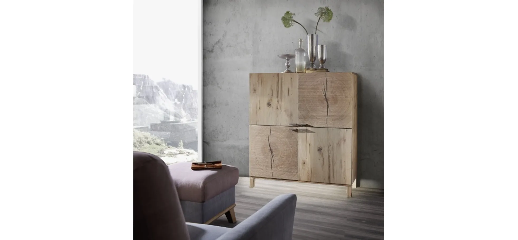 Highboard - Alteiche Furnier, Hirnholz-Applikation