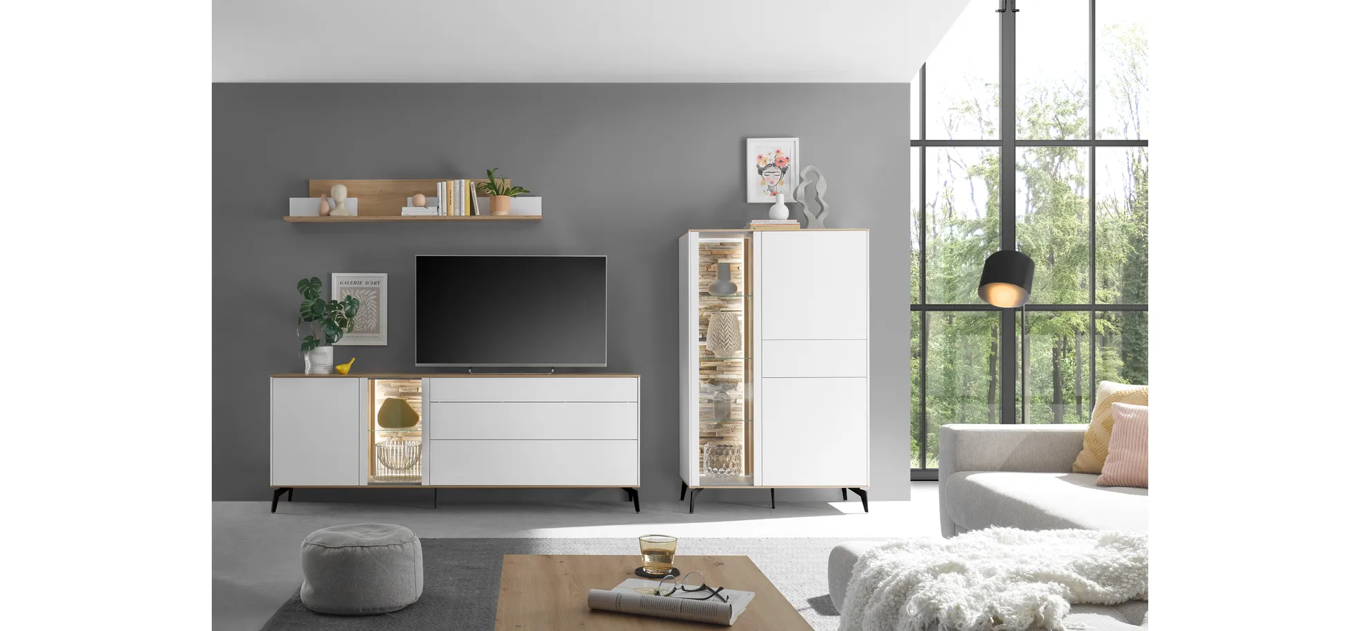 Highboard - B ca. 101 cm, Weiß, Asteiche, Schwarz Highboard - B ca. 101 cm, Weiß, Asteiche, Schwarz