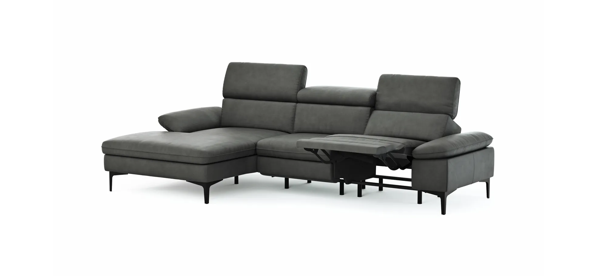 Ecksofa Felipa - Longchair links mit 2,5-Sitzer inkl. Armlehne verstellbar und Rückenlehne/Sitztiefe verstellbar (motorisch), Leder, Grau