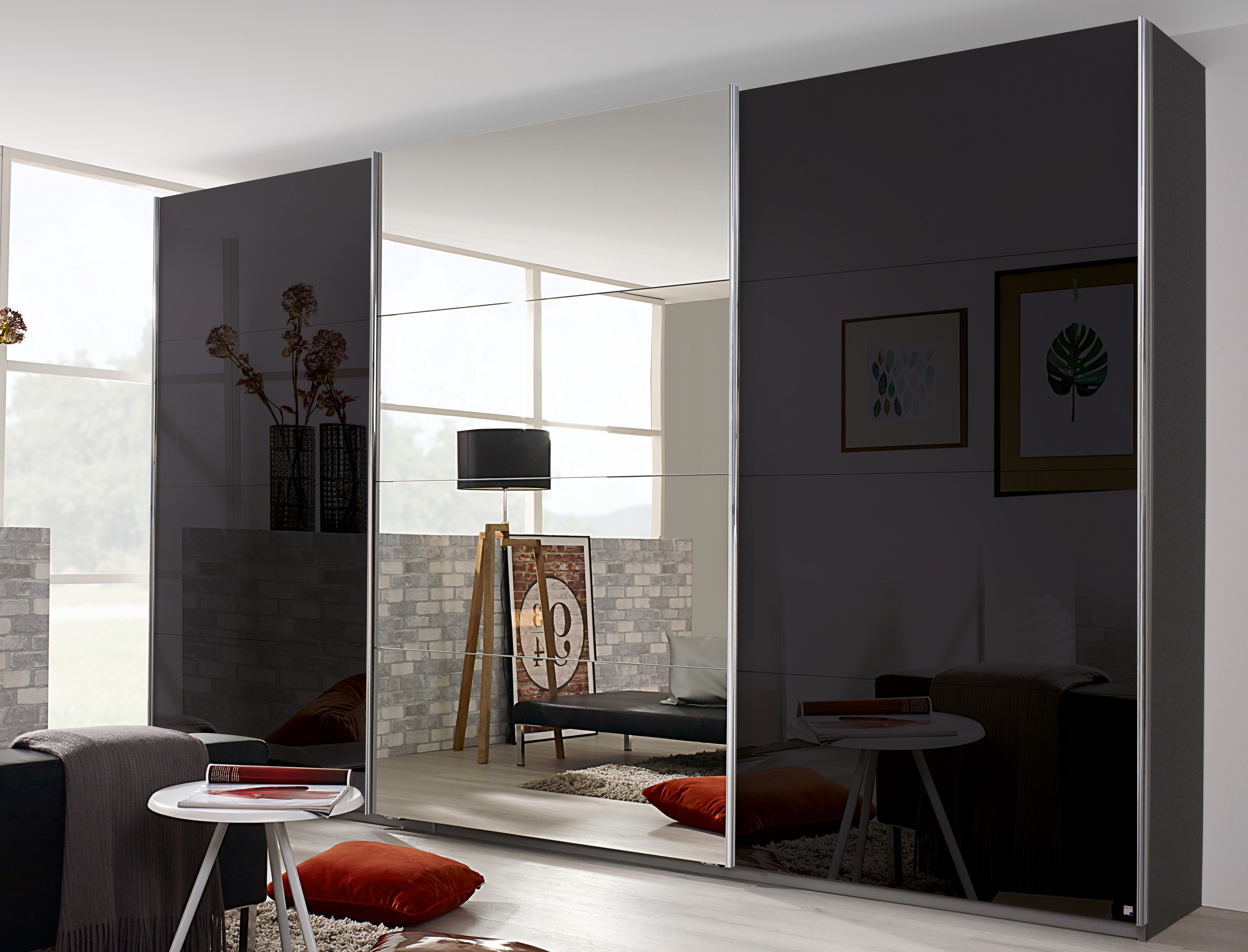 Schwebetürenschrank, grau metallic  - Rivasa/Raila