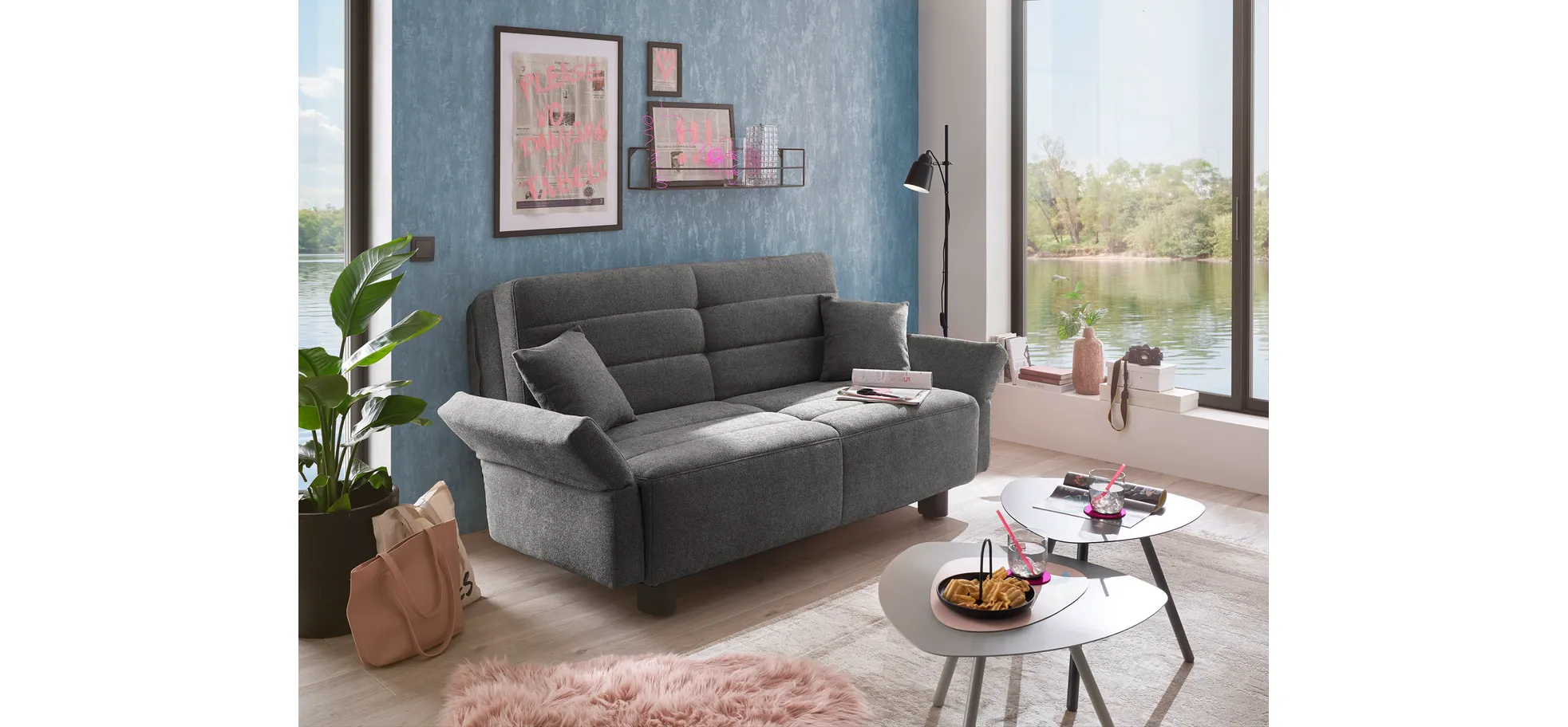 Faltsofa Easy - 2-Sitzer, ca. 140 cm inkl. Schlaffunktion/Topper/Armteil verstellbar, Stoff, Dunkelgrau