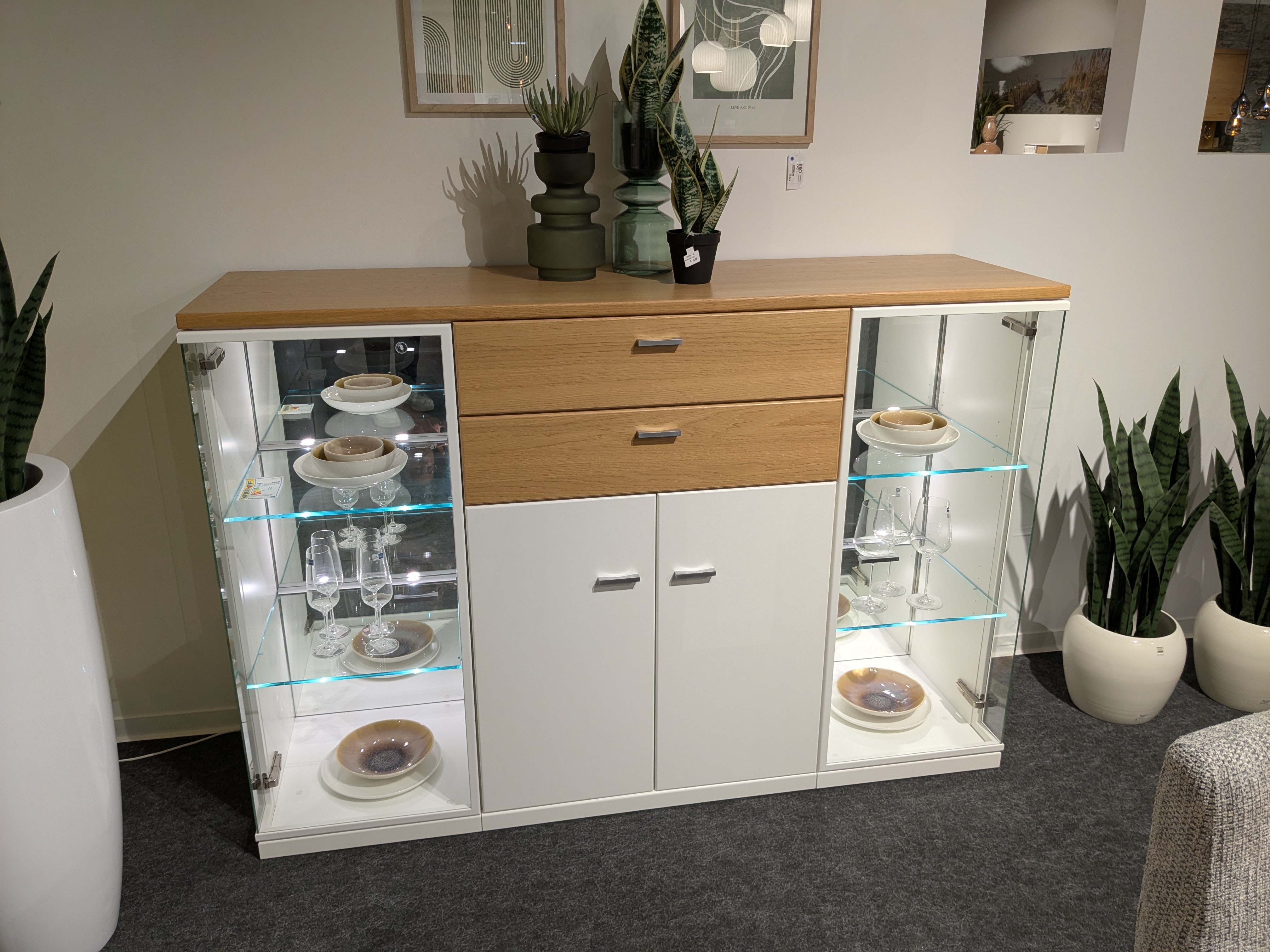 Highboard, Lack weiß / Eiche sand furniert - MANHATTEN