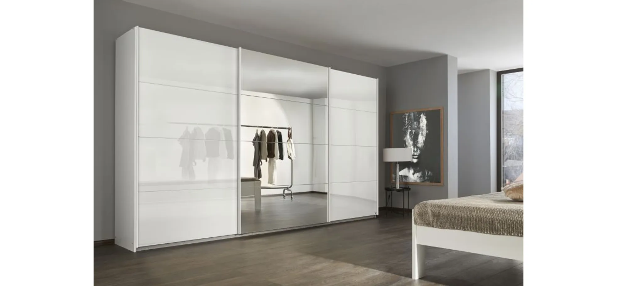 Schwebetürenschrank RIVASA- B ca. 361 cm, Weiß, Weiß Hochglanz, Spiegel