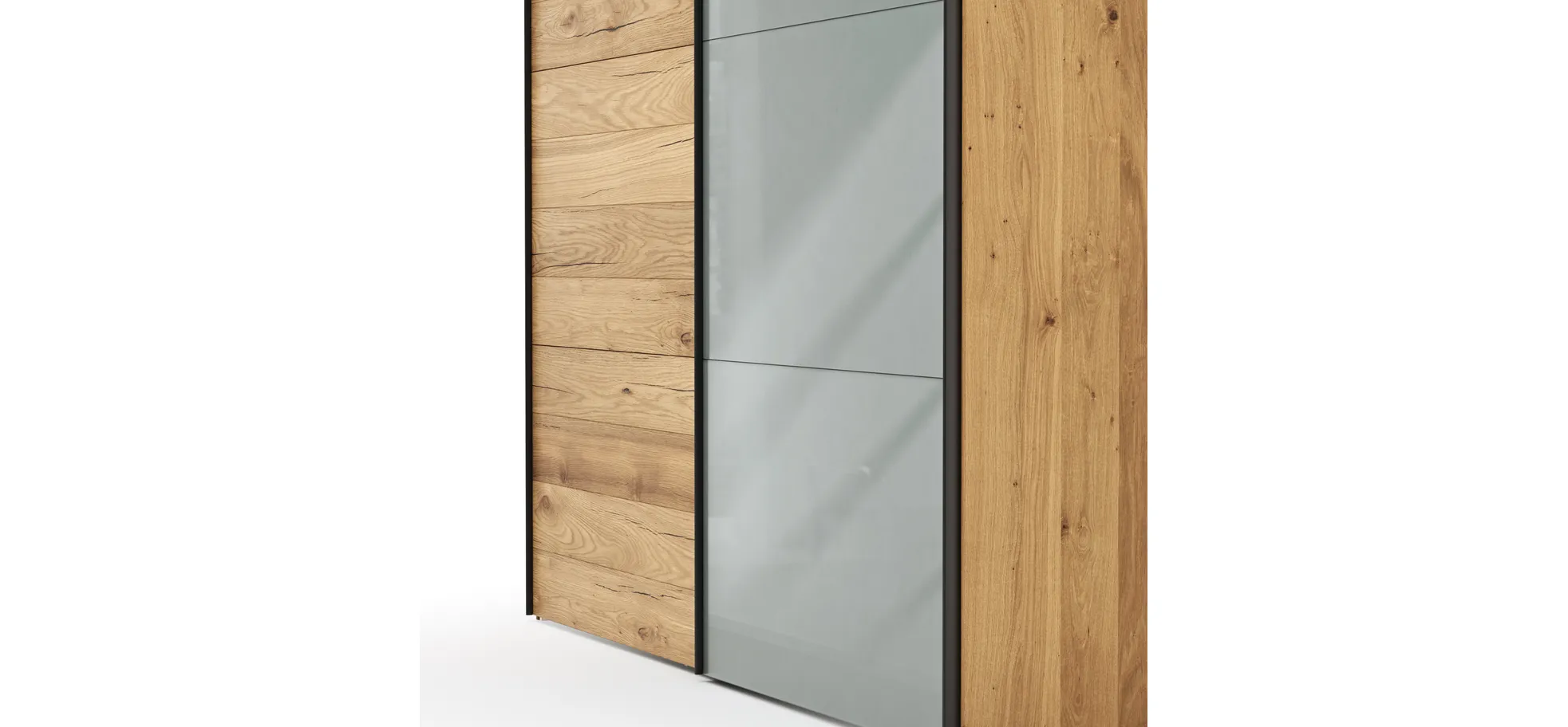 Schwebetürenschrank Colorado - B. ca. 257 cm, Eiche, Glas Graugrün