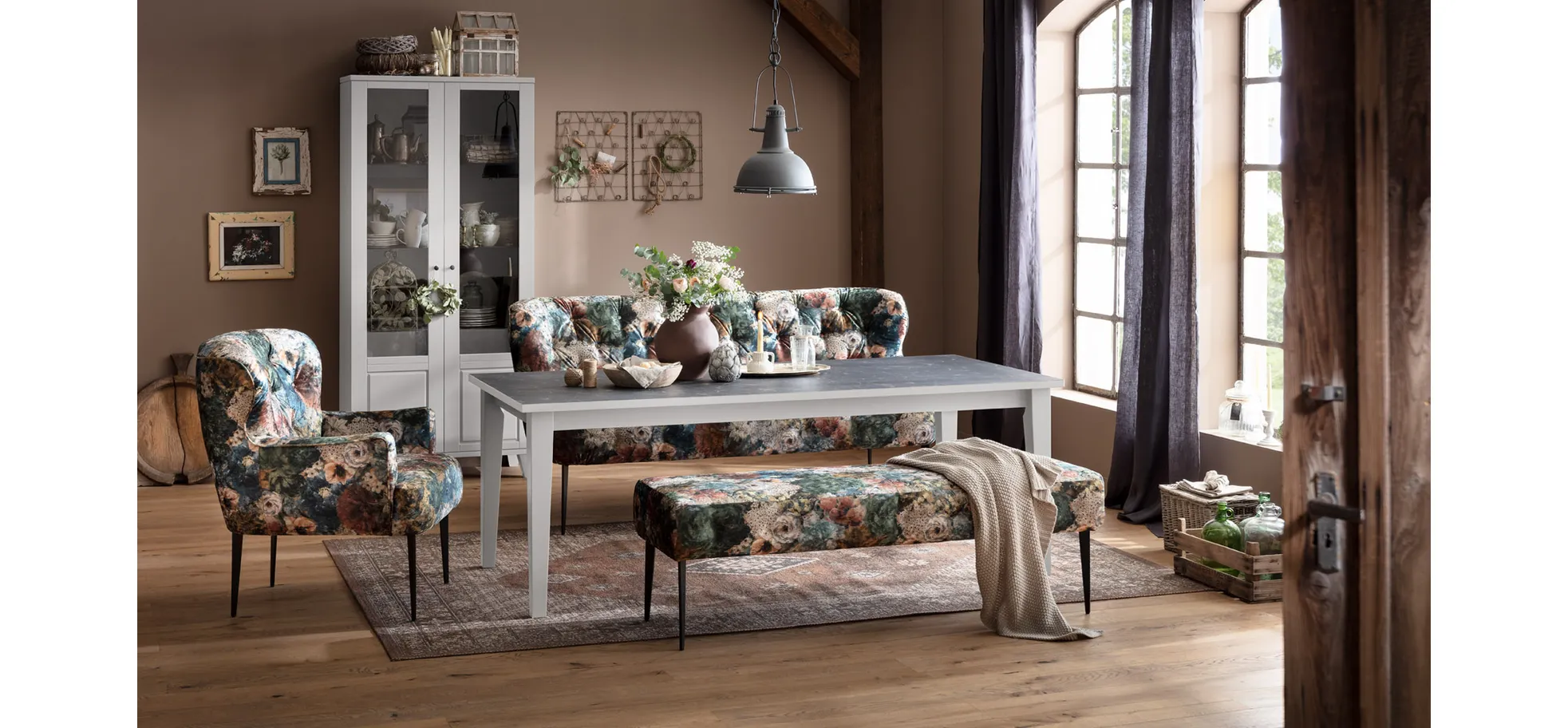 Diningsofa Scranton - 3-Sitzer, Stoff, Flower rose/blau