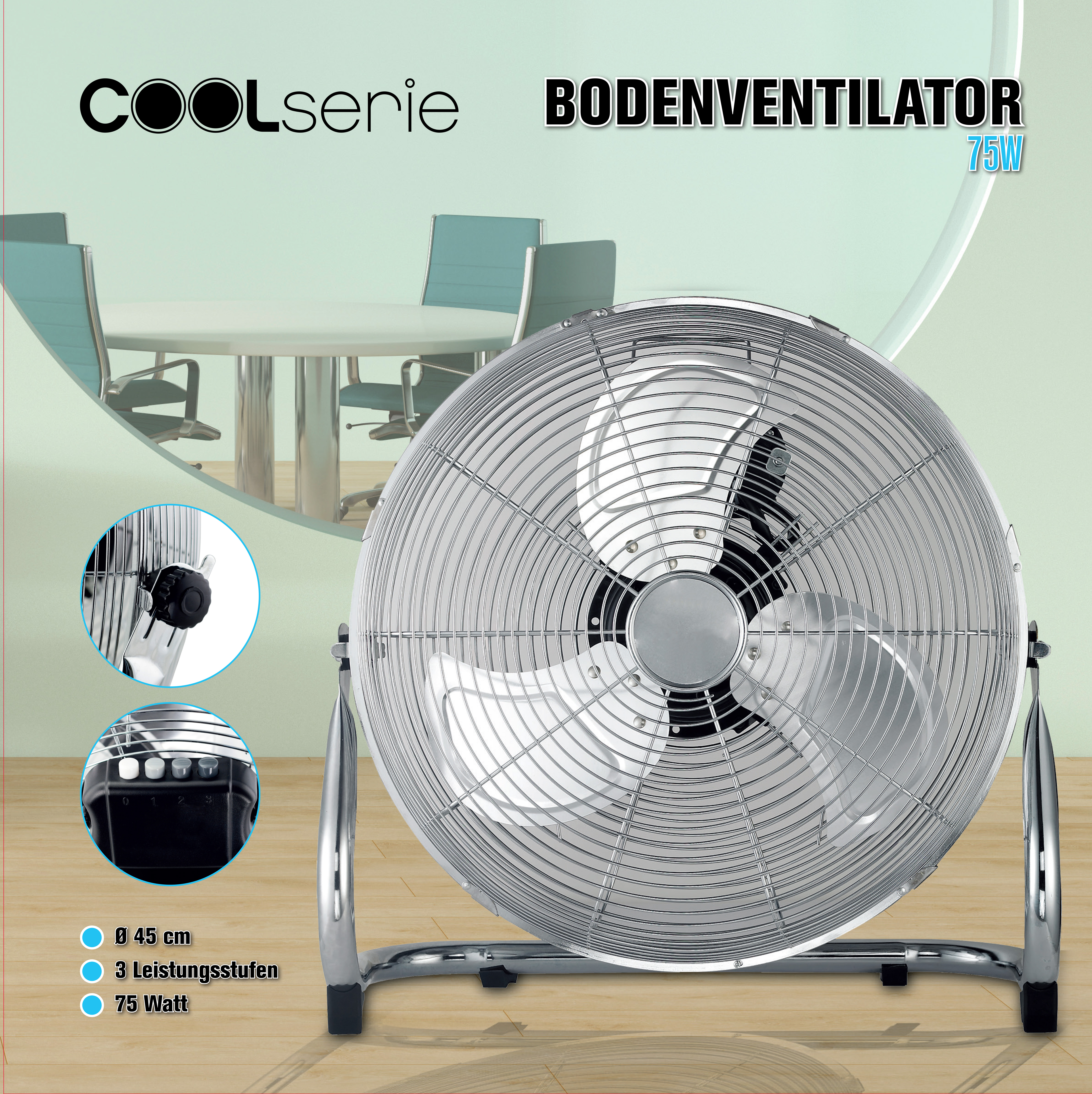Boden-Ventilator, verchromt, ca. Ø 45 cm - 80 Watt