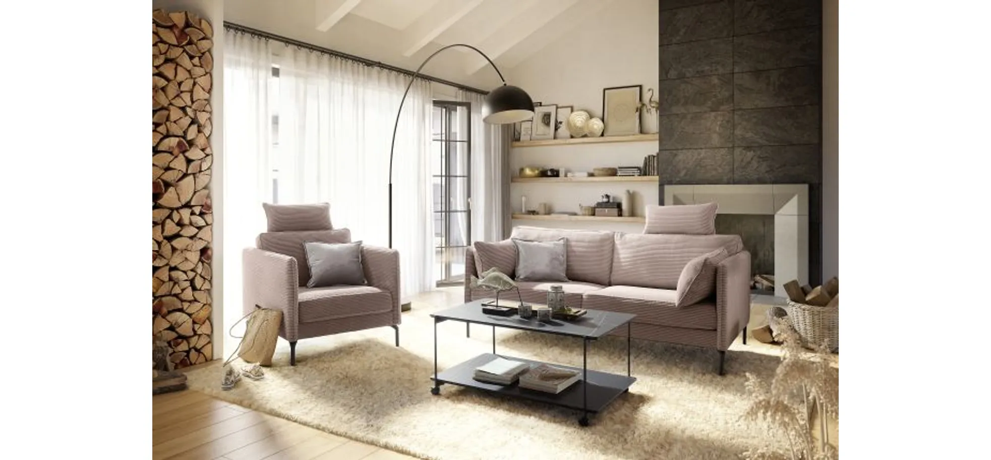 Sofa - 2-Sitzer, Stoff, Rosa