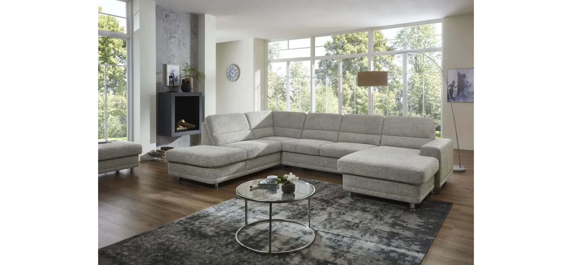 Wohnlandschaft - keine Funktionen, Ecke links, 2,5-Sitzer, Longchair rechts, Webstoff Grau
