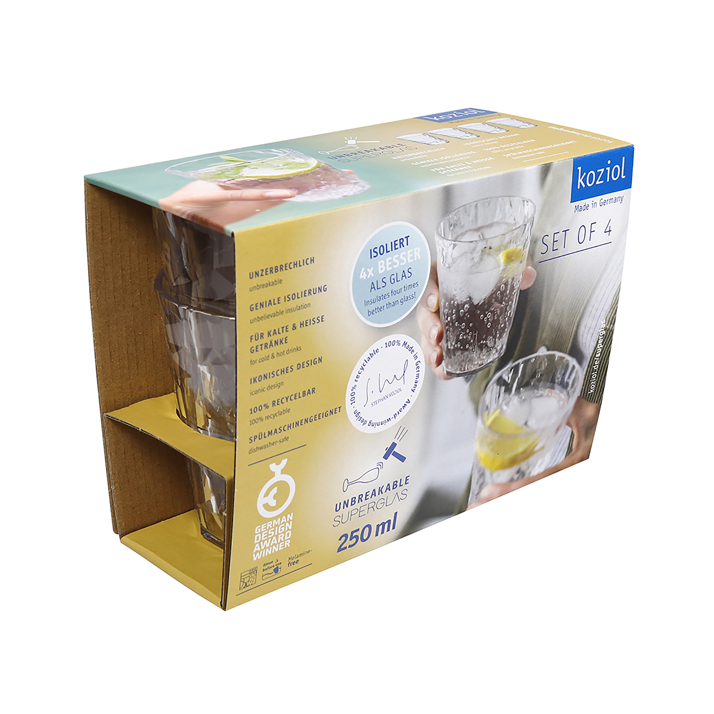 Superglas 250ml, crystal clear, 4-er Set - stoßfest, stapelbar, 100% CO2-neutral