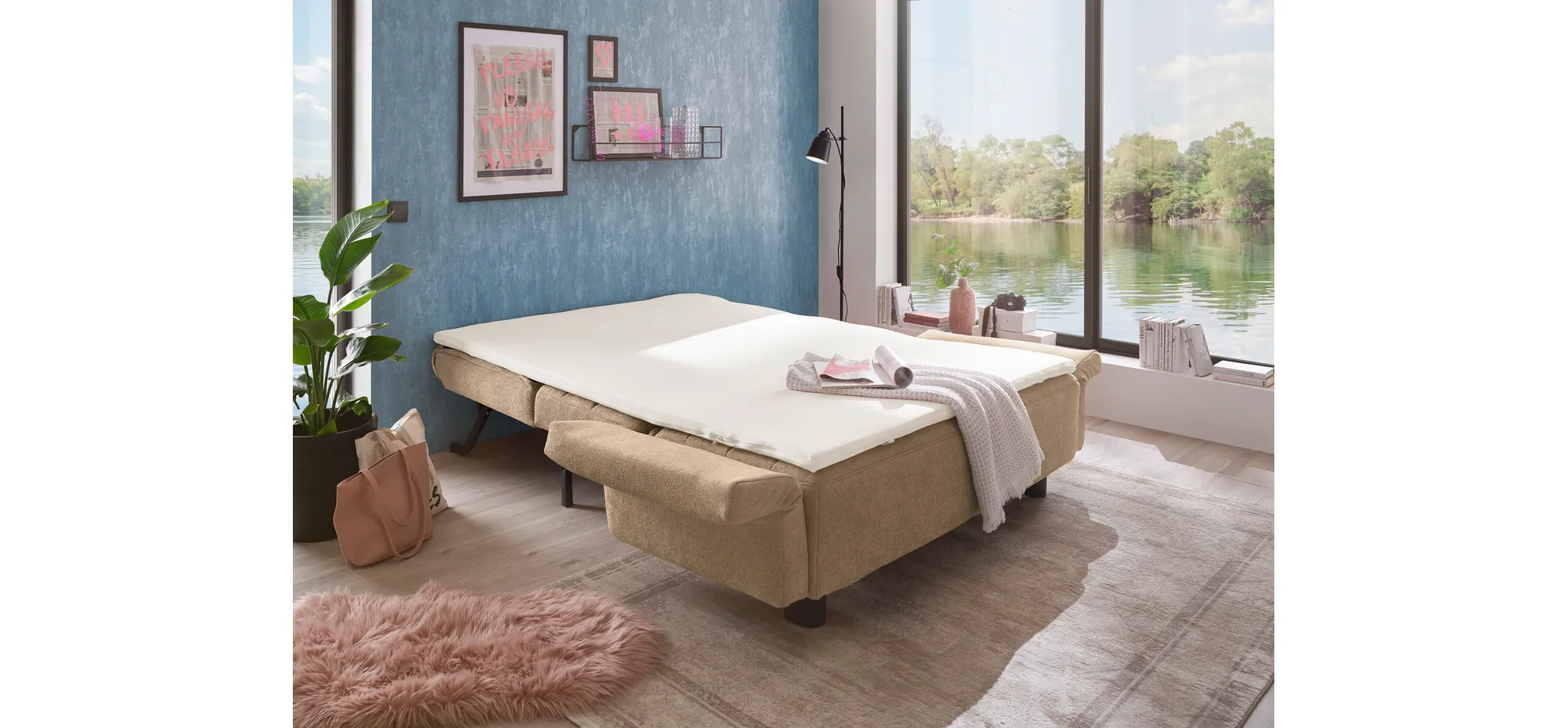  Faltsofa Easy - 2-Sitzer, ca. 140 cm inkl. Schlaffunktion/Topper/Armteil verstellbar, Stoff, Braun