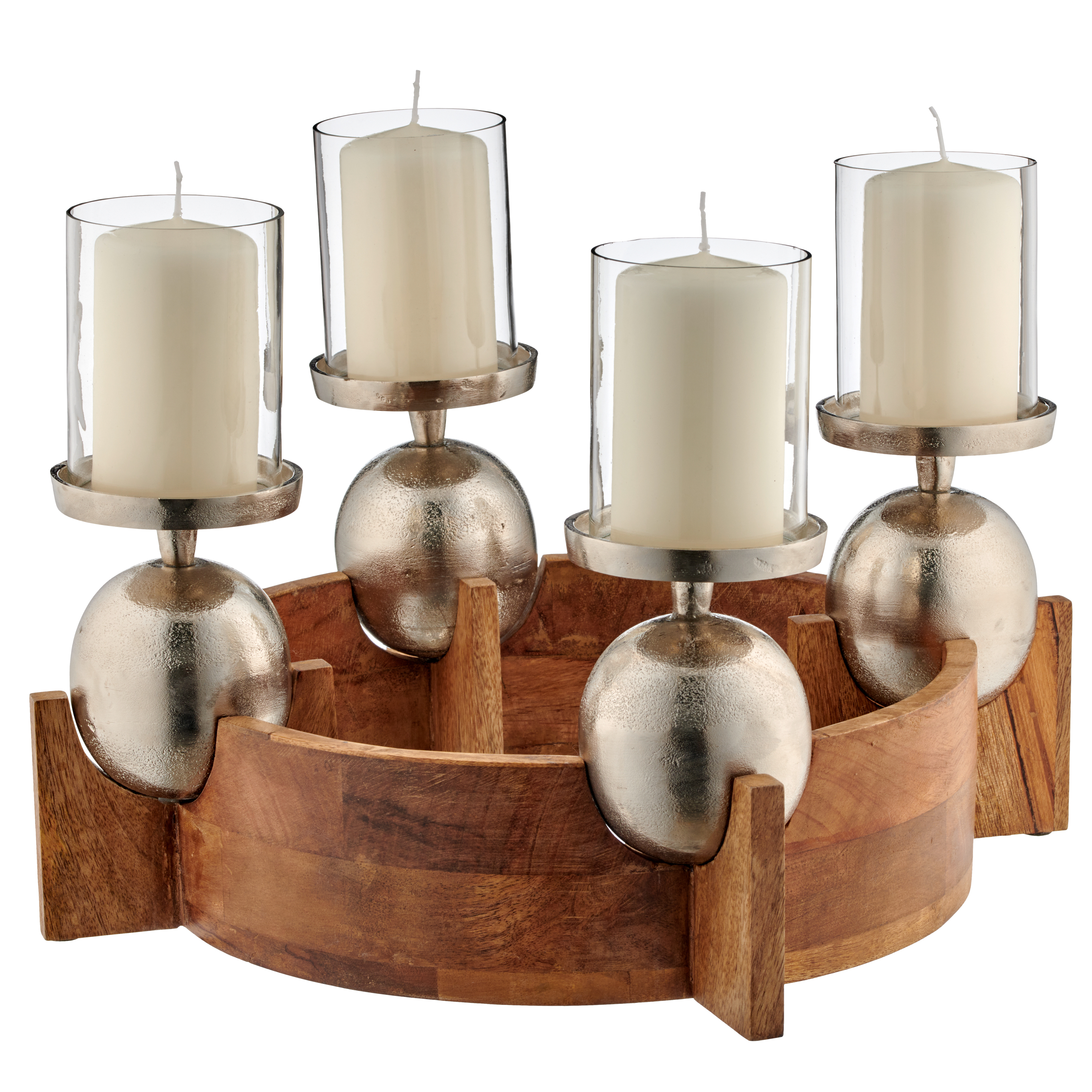 Kerzenständer Kranz,  4-Flg. - alu/holz natur, glasaufsatz, 32x27cm Kerzenständer Kranz,  4-Flg. - alu/holz natur, glasaufsatz, 32x27cm