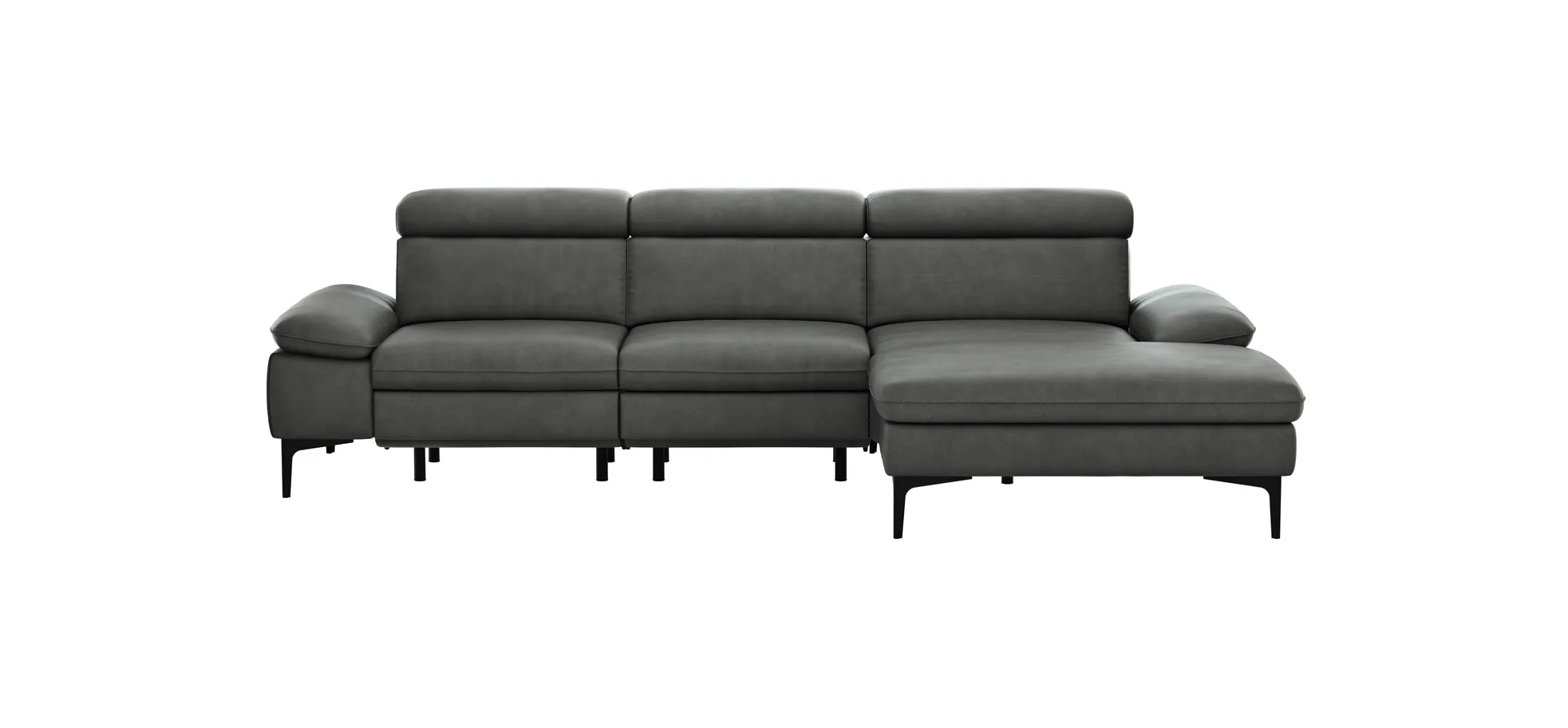 Ecksofa Felipa - 2,5-Sitzer mit Longchair rechts inkl. Armlehne verstellbar und Rückenlehne/Sitztiefe verstellbar (motorisch), Leder, Grau