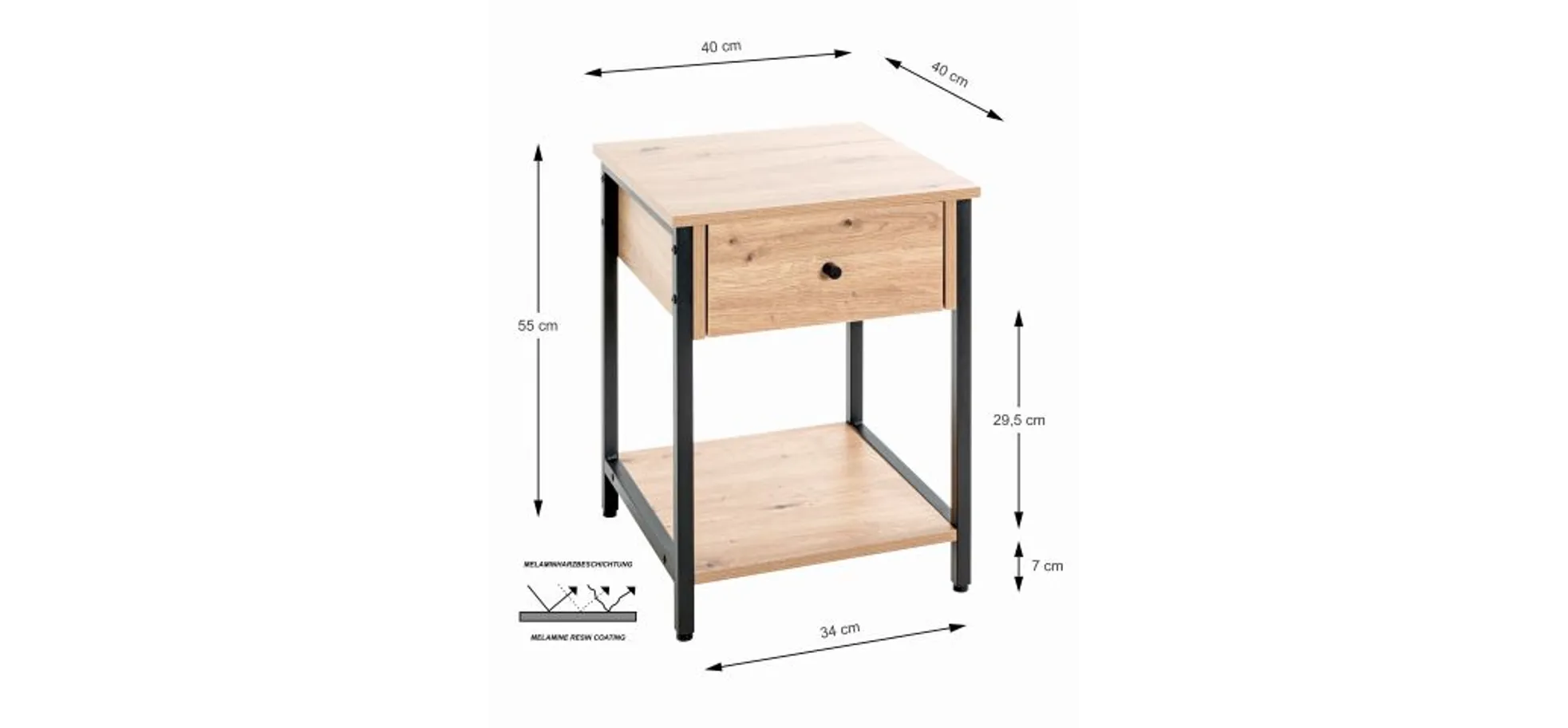 Beistelltisch - B/H/T ca. 40x55x40 cm, Eiche Nachbildung, Schwarz