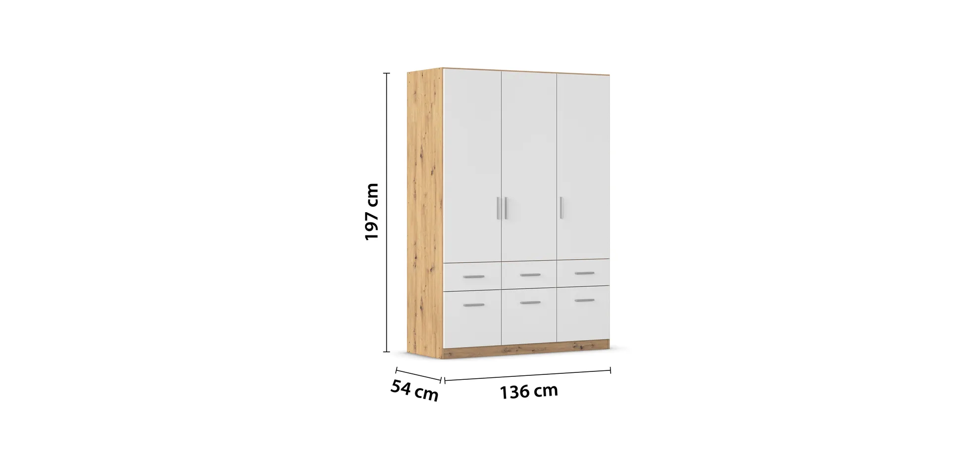 Drehtürenschrank REXY MATT- B 136 cm, Eiche Dekor, Weiß