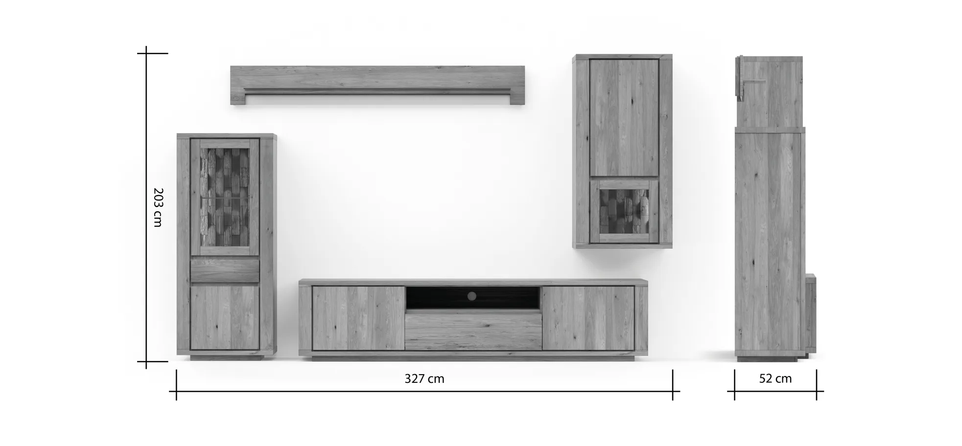 Wohnwand Bakersfield - inkl. Beleuchtung, sichtbare Rückwände mit Holzschindeln/Schubladenfront mit Schroppung, Asteiche massiv, geölt