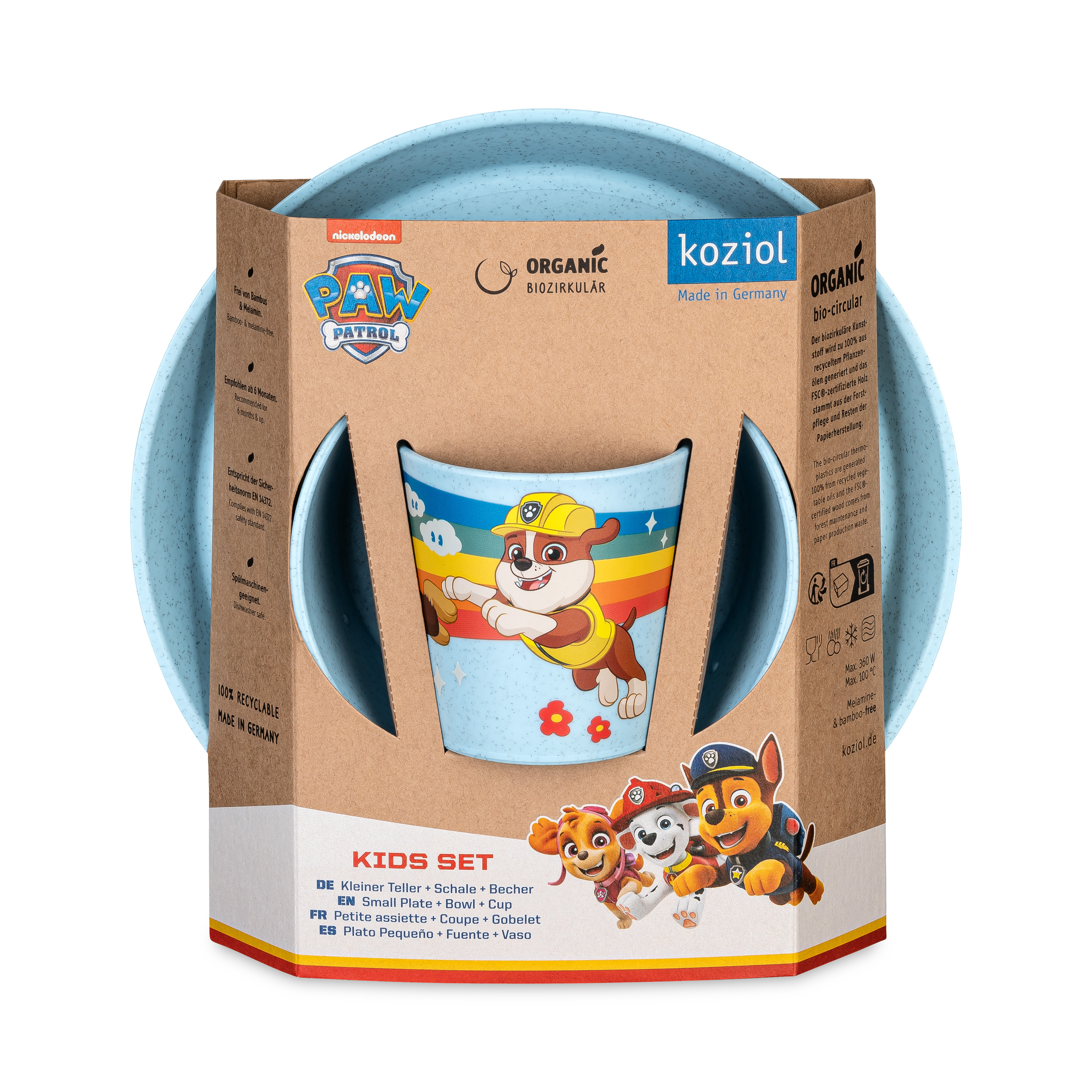 Teller+Schale+Becher, organic sky blue paw patrol - bruchsicher, stapelbar, 100% CO2-neutral