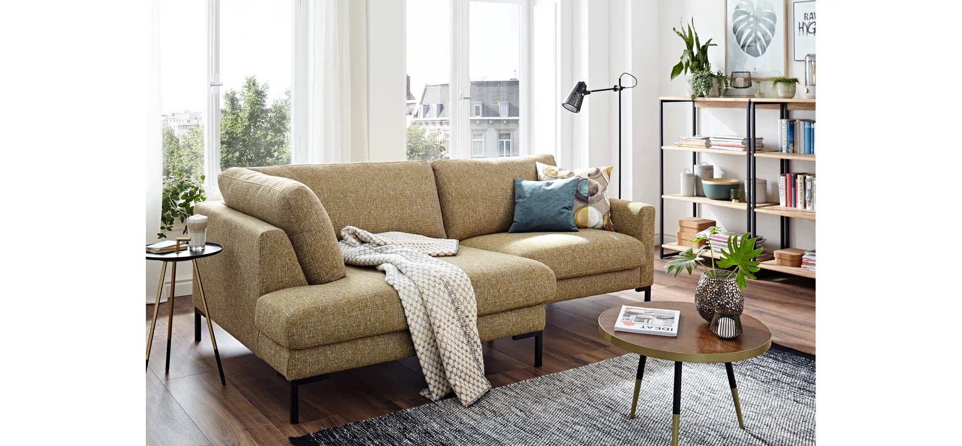 Ecksofa Oviedo - Ecke links mit 1,5-Sitzer, Stoff, Senfgelb