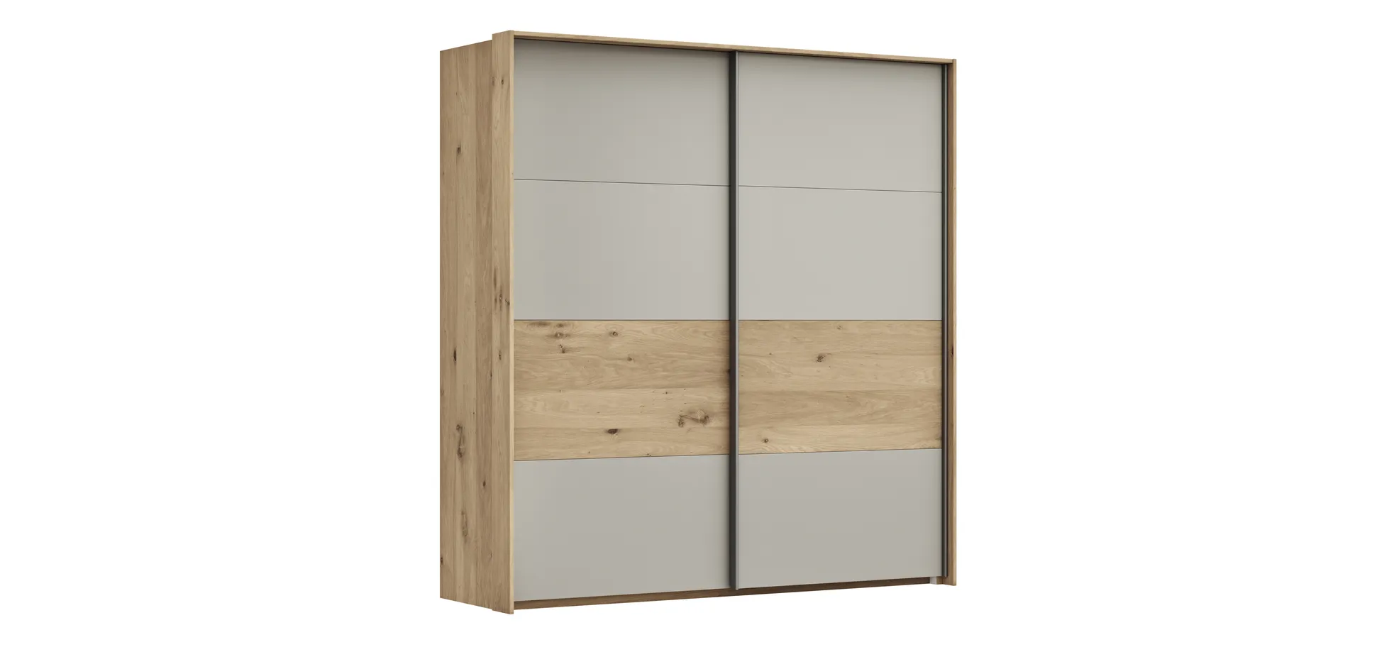 Schwebetürenschrank Viana - B ca. 188 cm, Furnier, Balkeneiche, Hellgrau