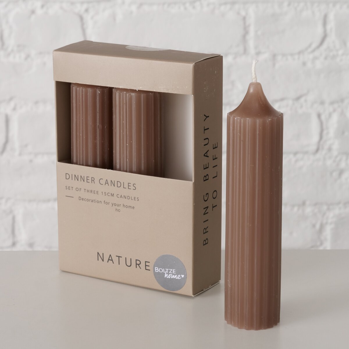 Stabkerze Riffly, 3 tlg. - H 15,00 cm, D 3,50 cm, Paraffin, taupe