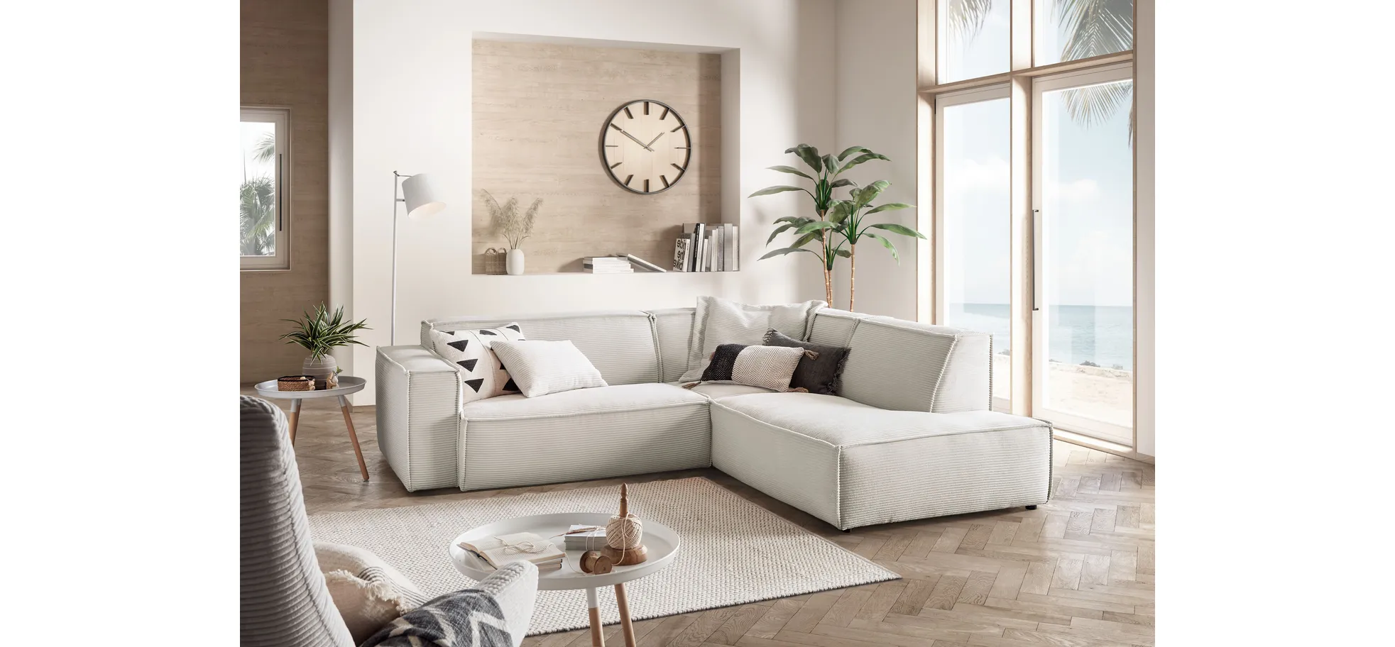 Ecksofa - 1,5-Sitzer mit Ecke rechts, Cord, Weiß