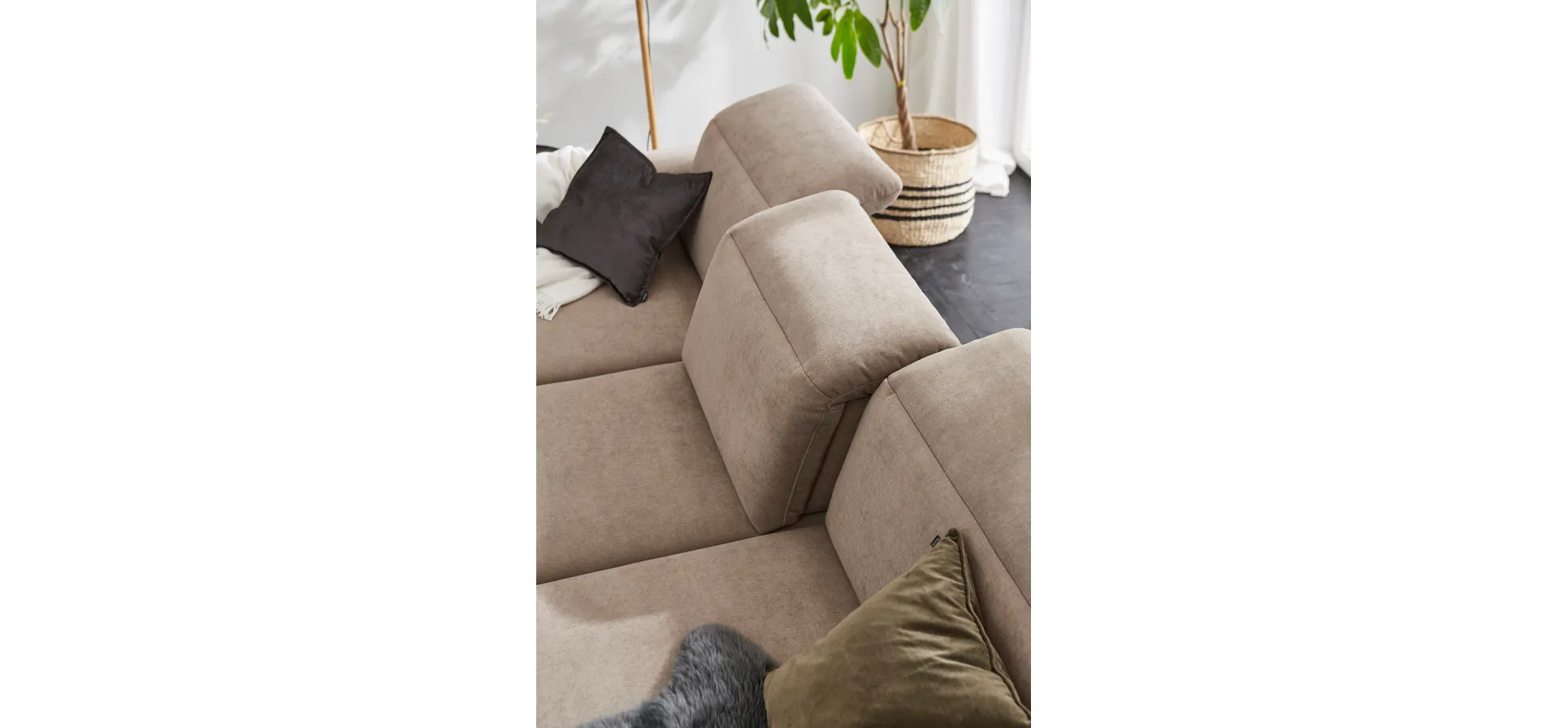 Ecksofa Rockport B - 2,5-Sitzer mit Longchair rechts inkl. Kopfteil/Sitztiefe verstellbar, Stoff, Khaki