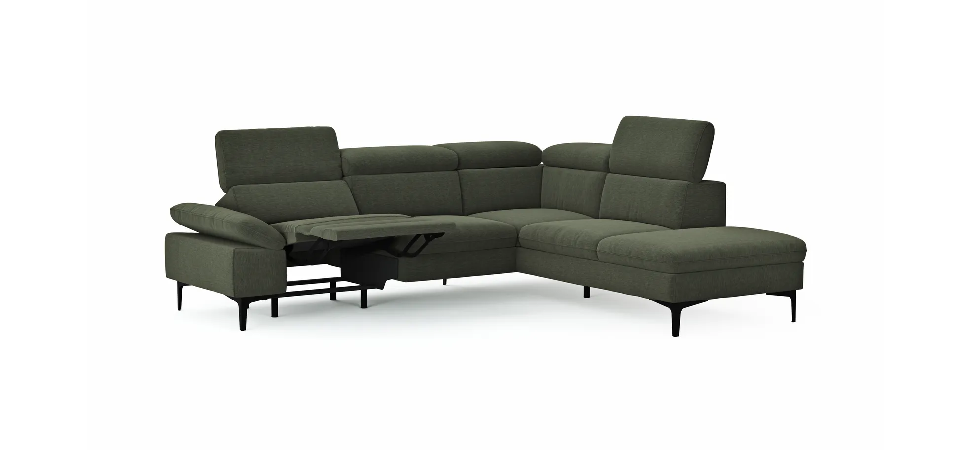 Ecksofa Felipa - 2,5-Sitzer mit Ecke rechts inkl. Armlehne verstellbar und Rückenlehne/Sitztiefe verstellbar (motorisch), Stoff, Dunkelgrün