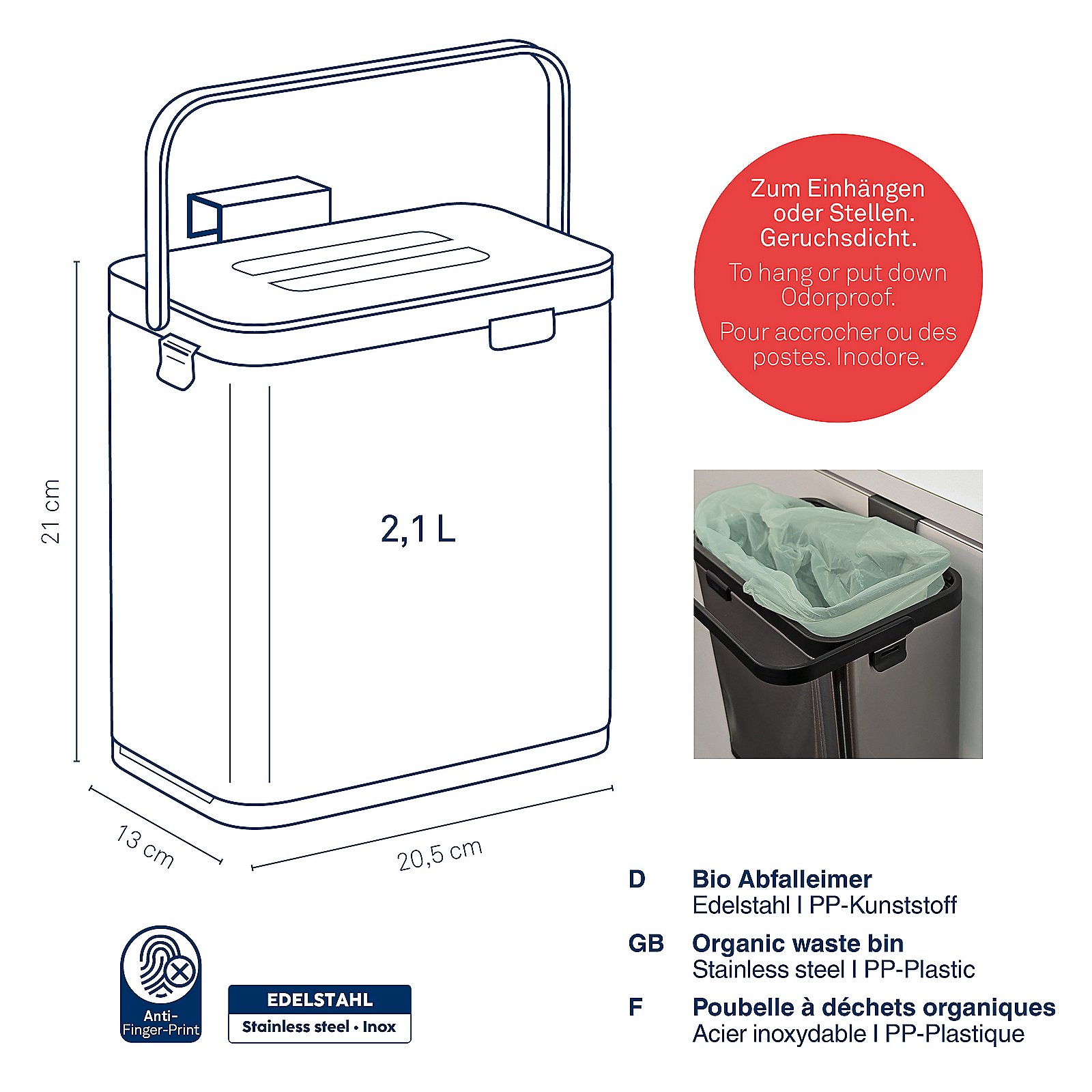 Bio Abfalleimer Plata 13x21x20,5  cm - Edelstahl silber matt