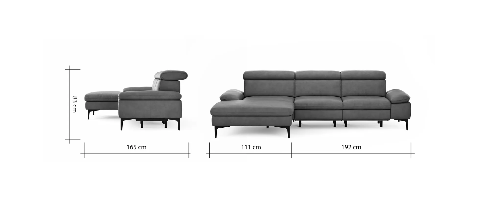 Ecksofa Felipa - Longchair links mit 2,5-Sitzer inkl. Armlehne verstellbar und Rückenlehne/Sitztiefe verstellbar (motorisch), Leder, Grau