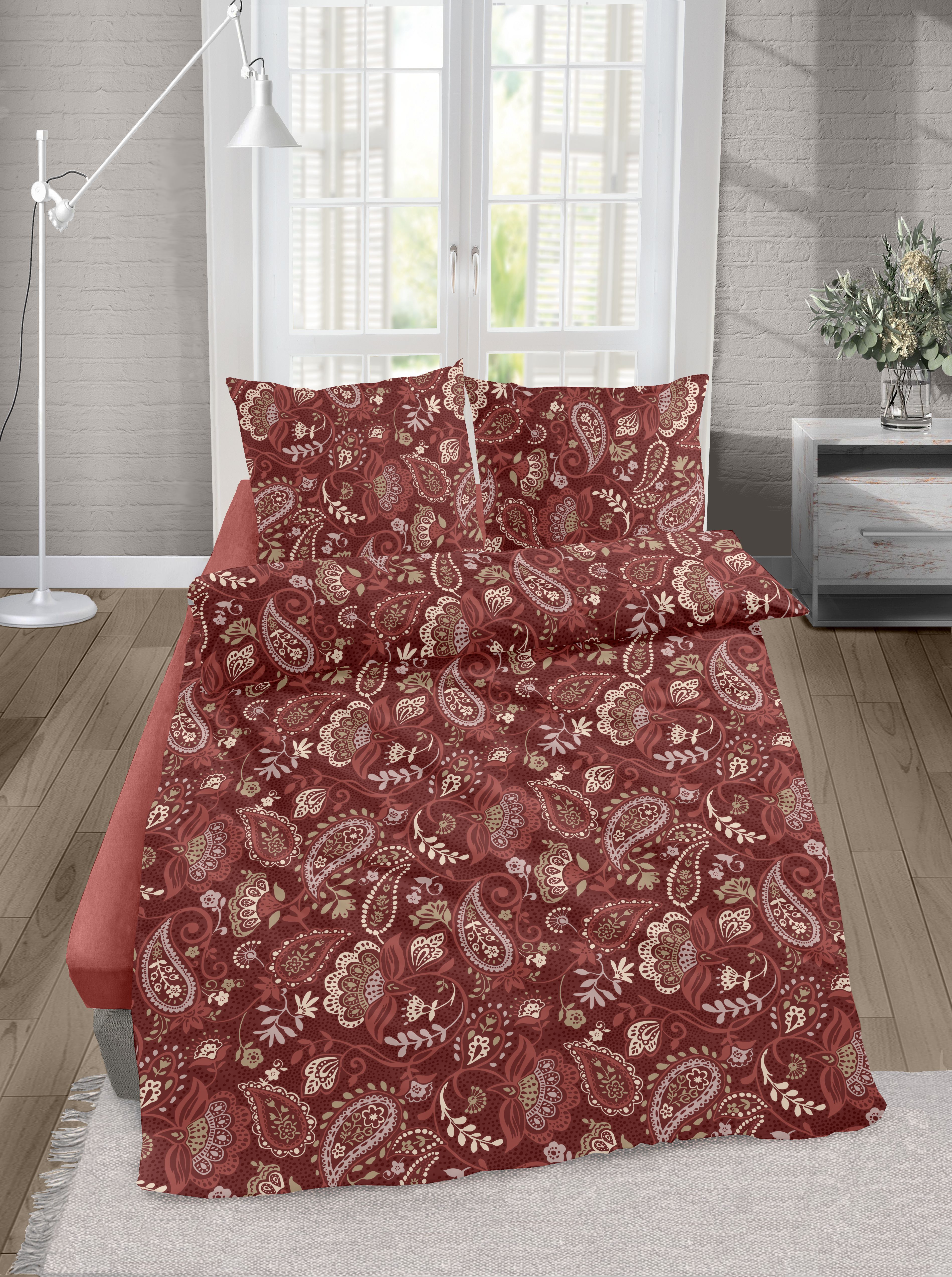 CASEA Mako-Satin-Bettwäsche - Maines,135x200cm, rot, Paisley