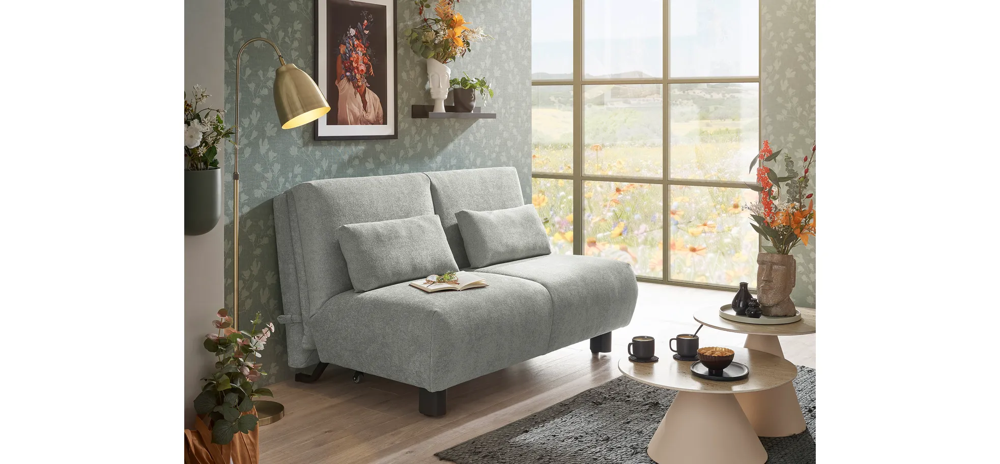 Faltsofa EBBY - 2-Sitzer ohne Armlehne, 140 cm inkl. Schlaffunktion/Relaxfunktion, Stoff, Grau