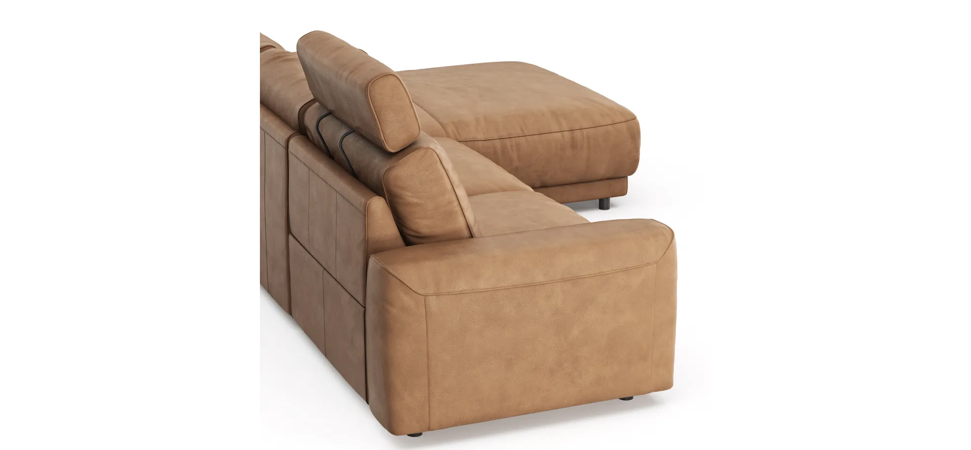 Ecksofa Balok - 2,5-Sitzer mit Longchair groß rechts, inkl. Relaxfunktion (motorisch) und Kopfstütze, Leder, Cognac